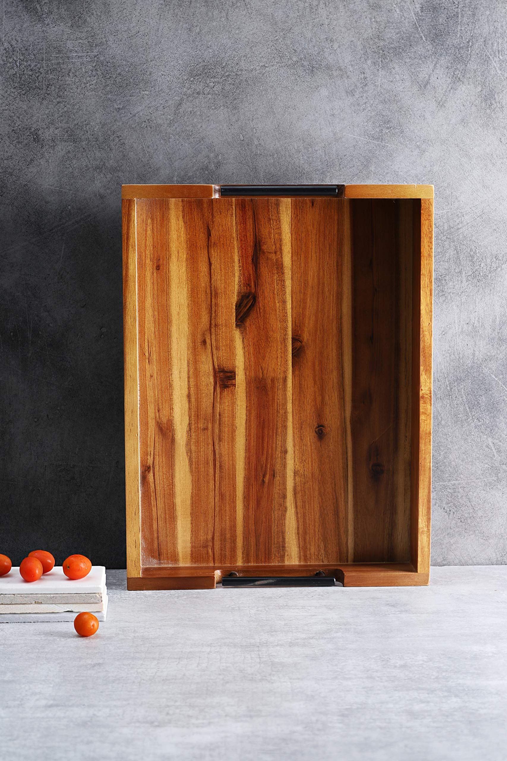 Ottoman Tray, 16.5''X12.5'' Acacia Wood Serving Tray With Black Metal Handles, Great For Ottoman Tray, Food Tray, Breakfast Tray