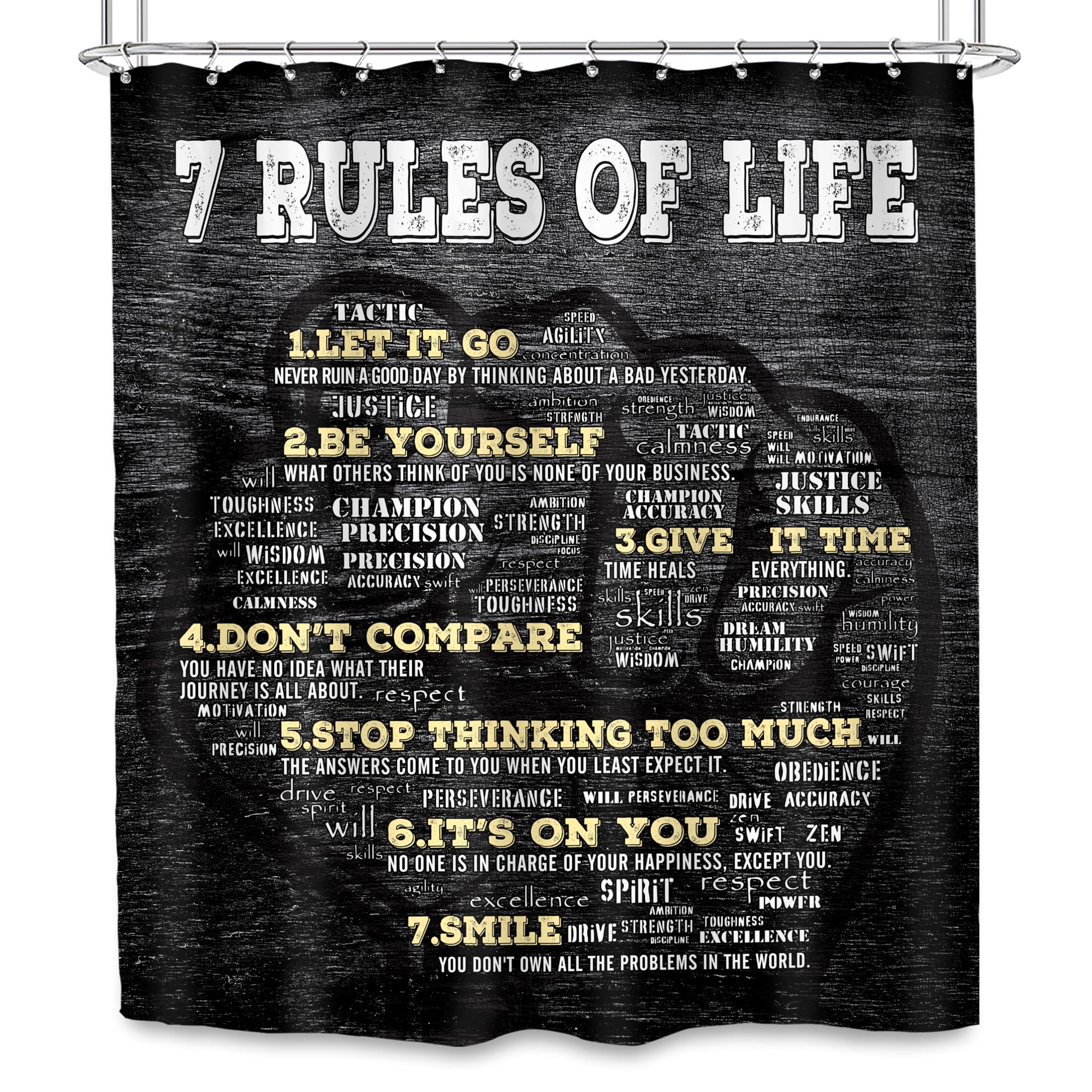 Svbright Mens Motivational Quotes Shower Curtain 60Wx72L Inch Black Inspirational Words Rules Of Life Cool Fist Boys Man 12 Pack
