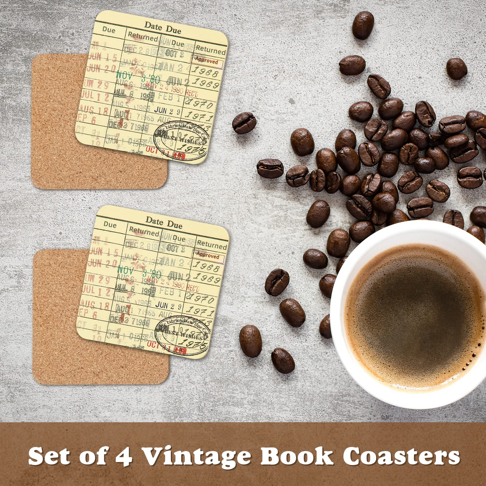 Vintage Library Due Date Card Coaster Set, 4Pcs Library Card Coasters With Gift Card, Creative Drink Coffee Mug Coaster Literary