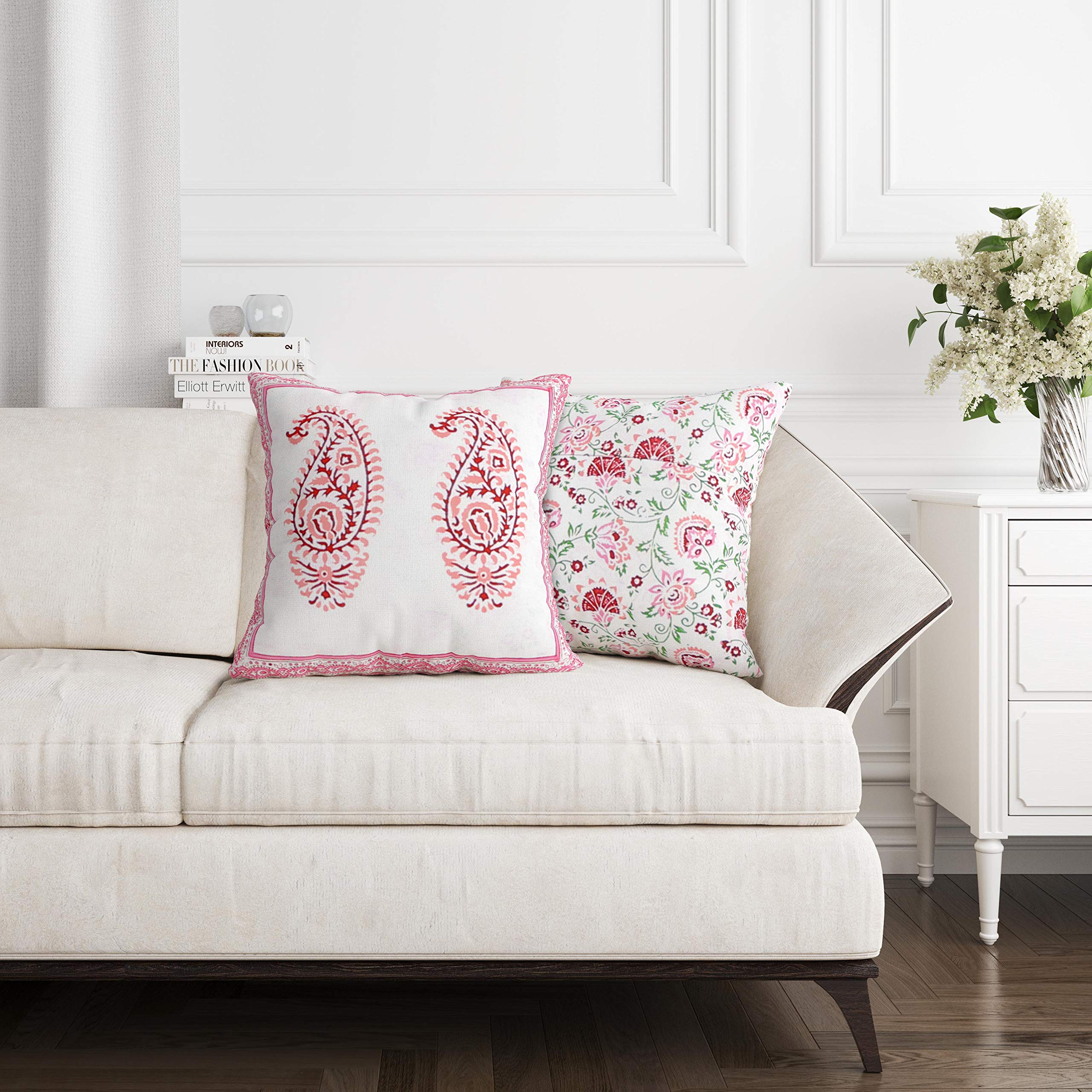 Blocks Of India Hand Block Printed Cotton Cushion Cover (16 X 16 Inches) (2, Pink-Peach Paisley)