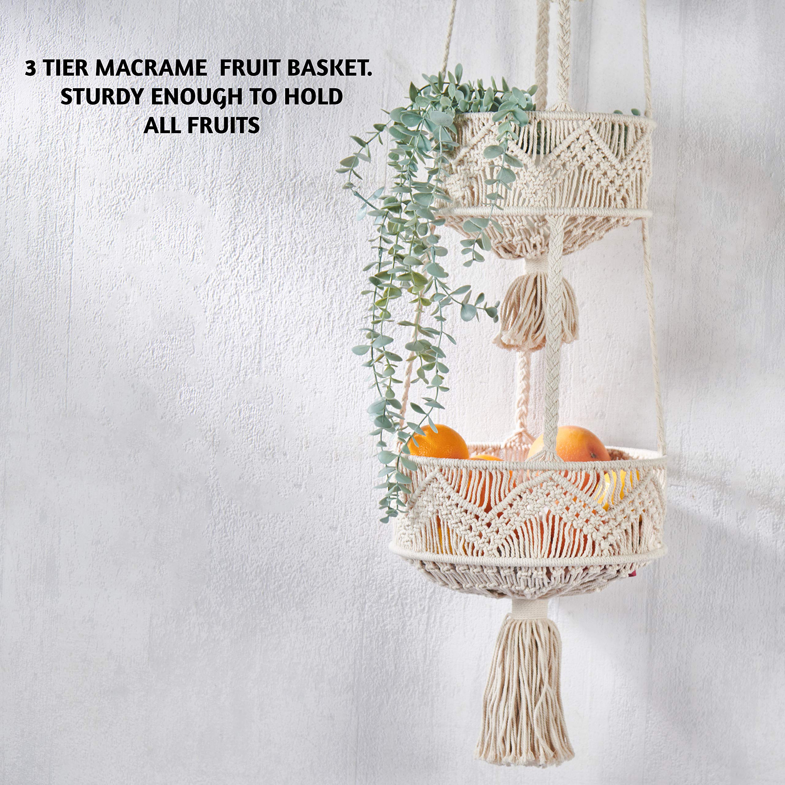 Folkulture 3 Tier Hanging Fruit Basket For Kitchen, Macrame Hanging Basket For Fruit And Vegetable Storage, Boho Wall Baskets Fo