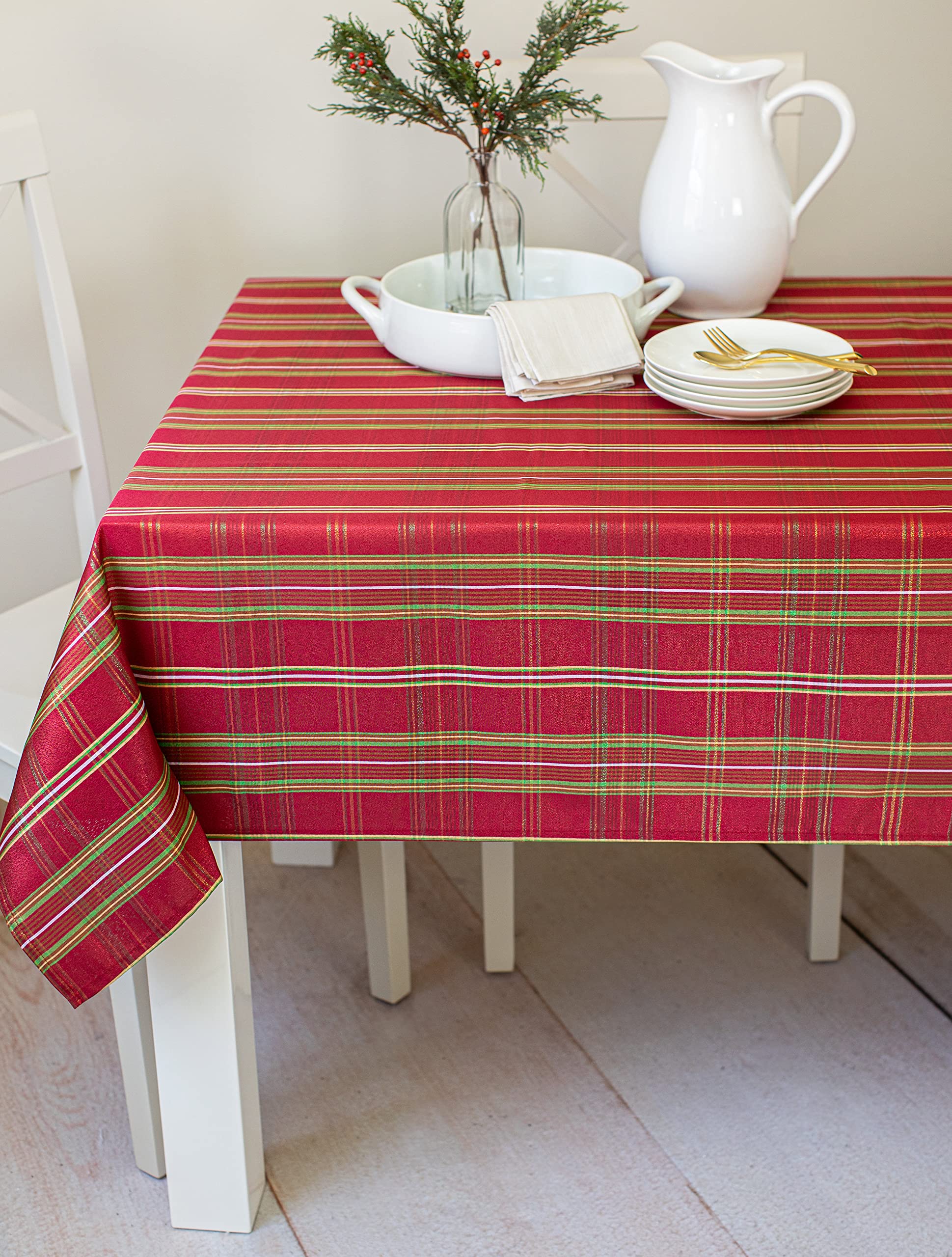 Benson Mills Christmasville Plaid Metallic Fabric Christmas Table Cloth, Winter, Holiday And Christmas Tablecloth (60'' X 104''