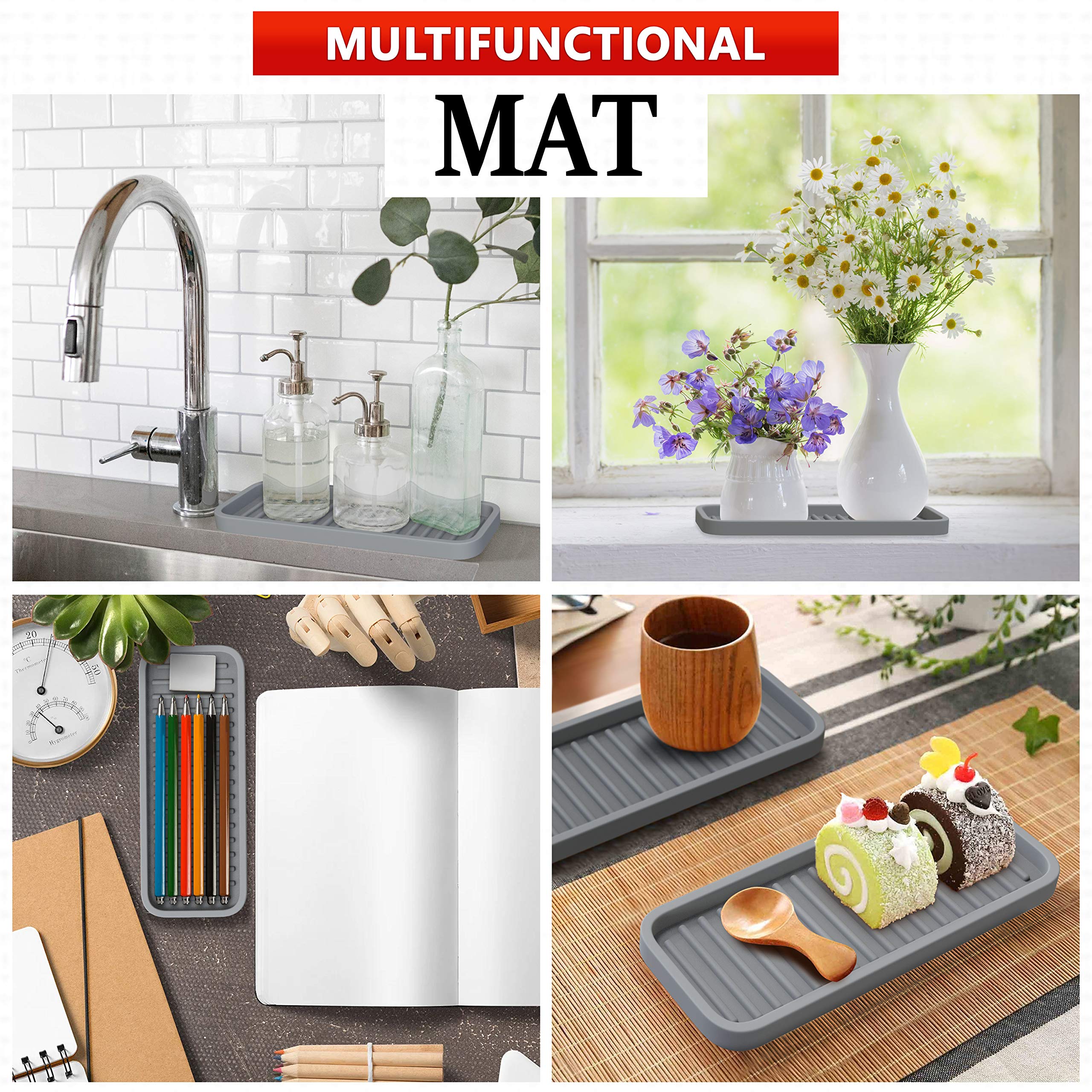 Zappoware Silicone Kitchen Sink Caddy Sponge Holder 9X3.5 (2-Pack) Gray - Bathroom Vanity Tray Organizer, Kitchen Soap Tray For