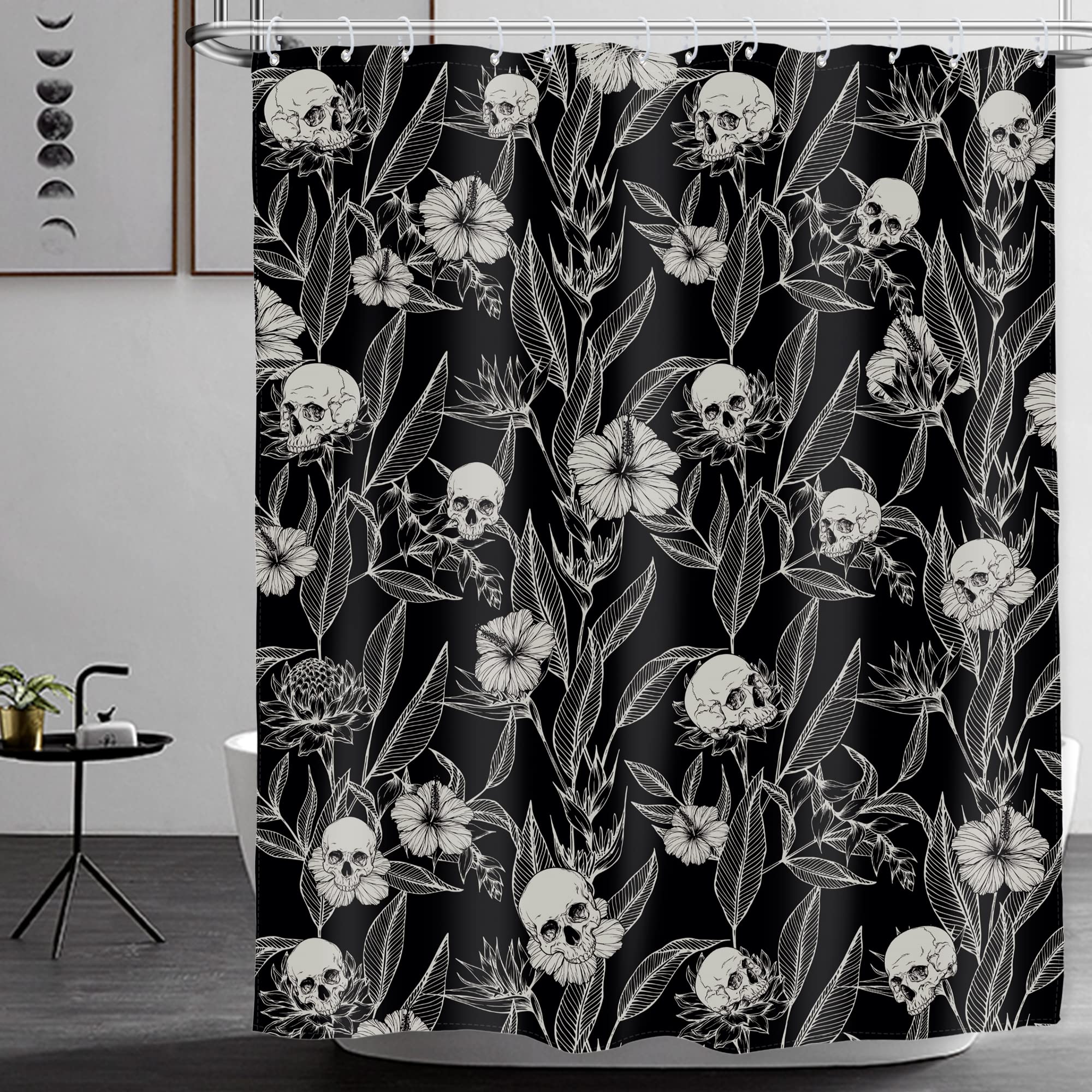 Ambzek Gothic Skull Floral Shower Curtain 60Wx72L Inch Men Goth Skeleton Spooky Sugar Skull Flower Leaves Cool Halloween Artwork