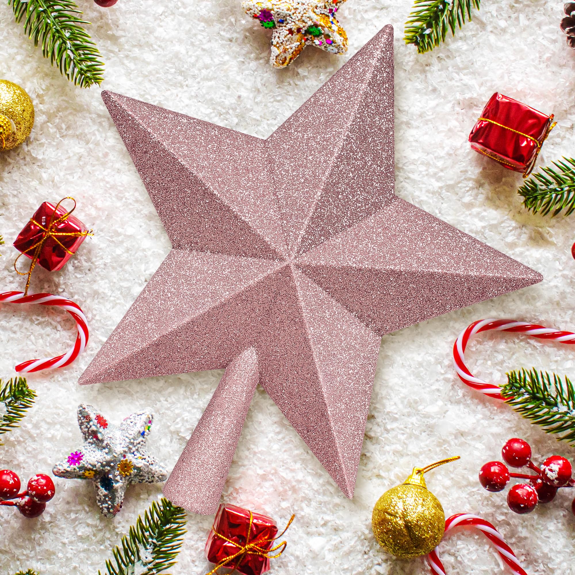 Christmas Tree Top Ornament, 10 Rose Gold Christmas Star Tree Topper, Large Xmas Glitter 3D Bethlehem Tree Topper Ornament, Wate