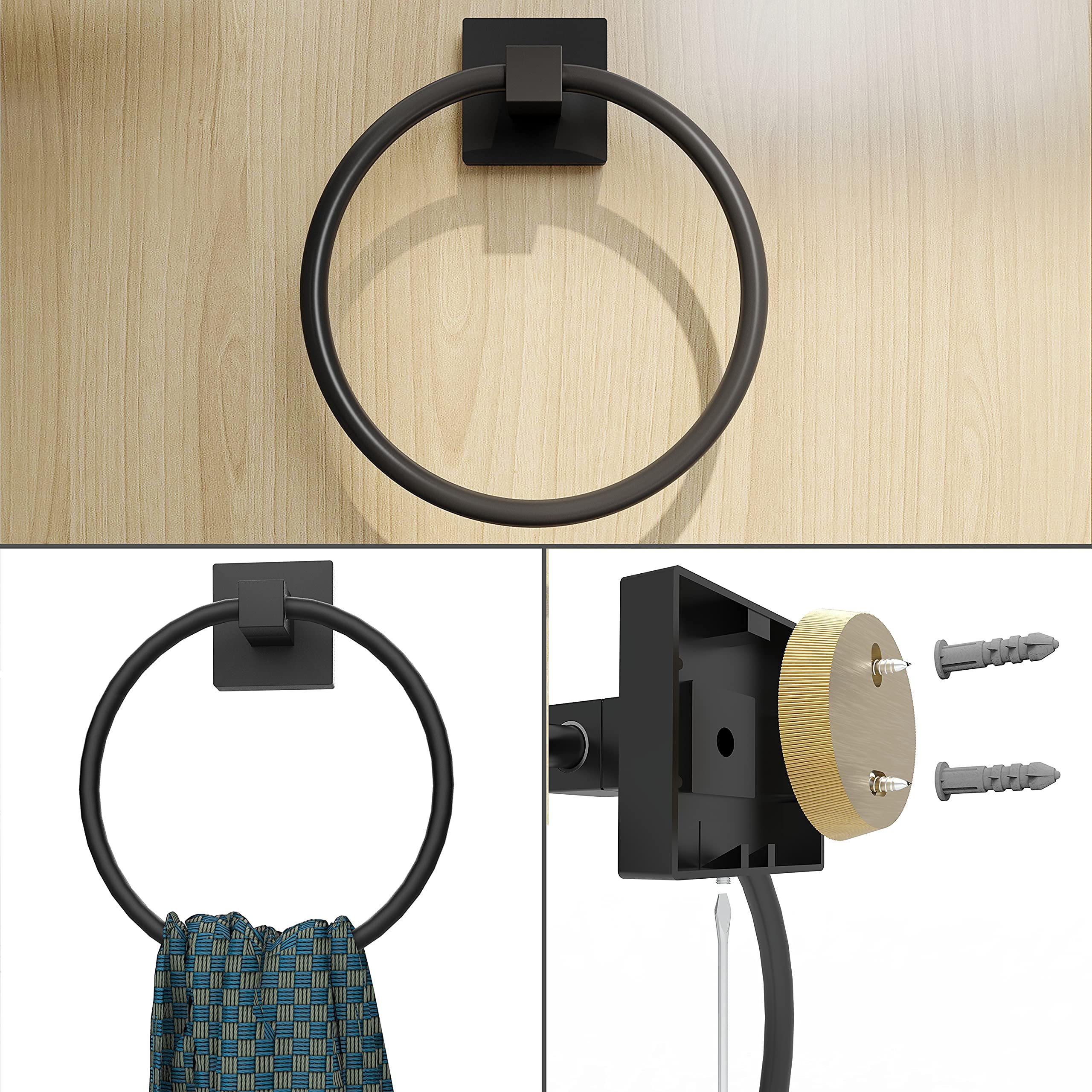 Ruacq Matte Black Toilet Paper Holder Towel Ring Bathroom Accessories Hardware Set Double Post Pivoting Toilet Roll Holder Squar