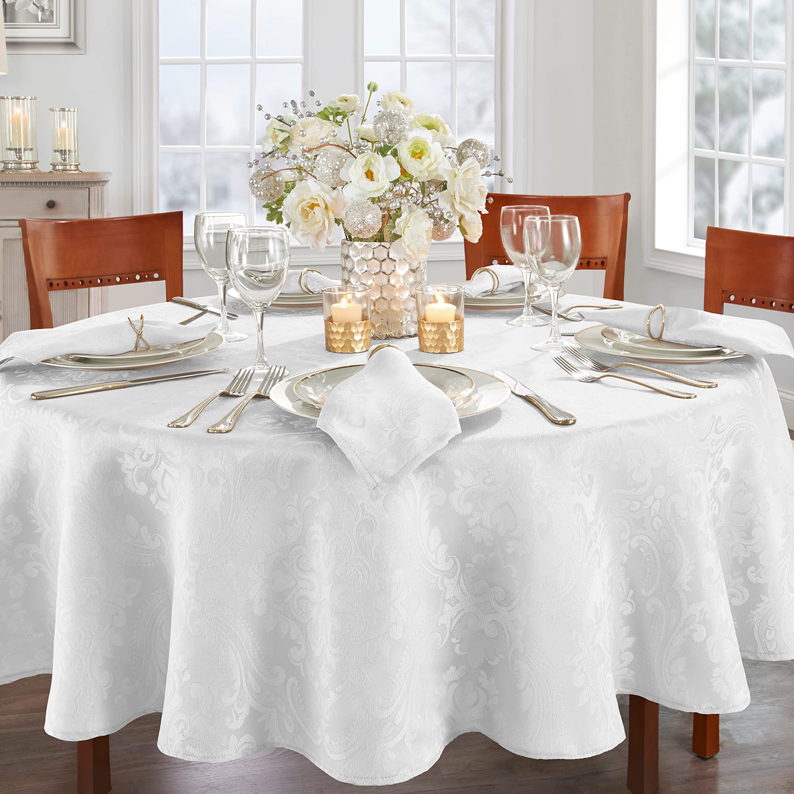 Elrene Home Fashions Caiden Elegance Damask Fabric Tablecloth, 60 x 84 Oval, White