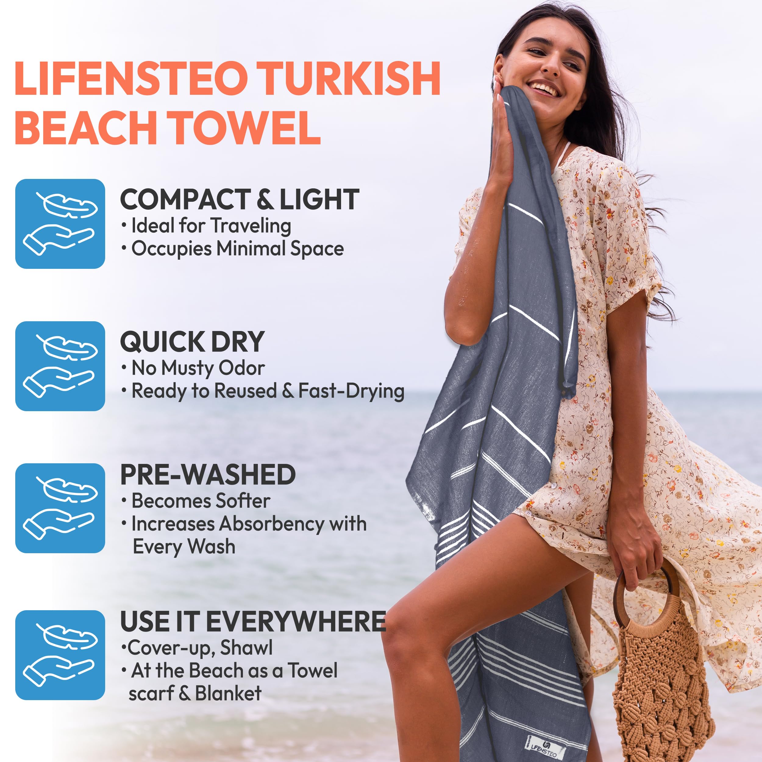 Lifensteo Turkish Beach Towel - 40X71 Niches Oversized Sand Resistant Prewashed Turkish Towel - 100% Turkish Cotton Quick Drying