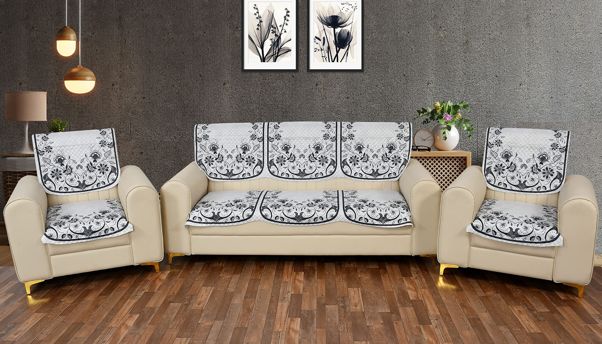 Yellow Weaves 5 Seater Quilted Sofa Cover And Chair Cover, Floral Design, Seat & Back Cover, Color - Grey
