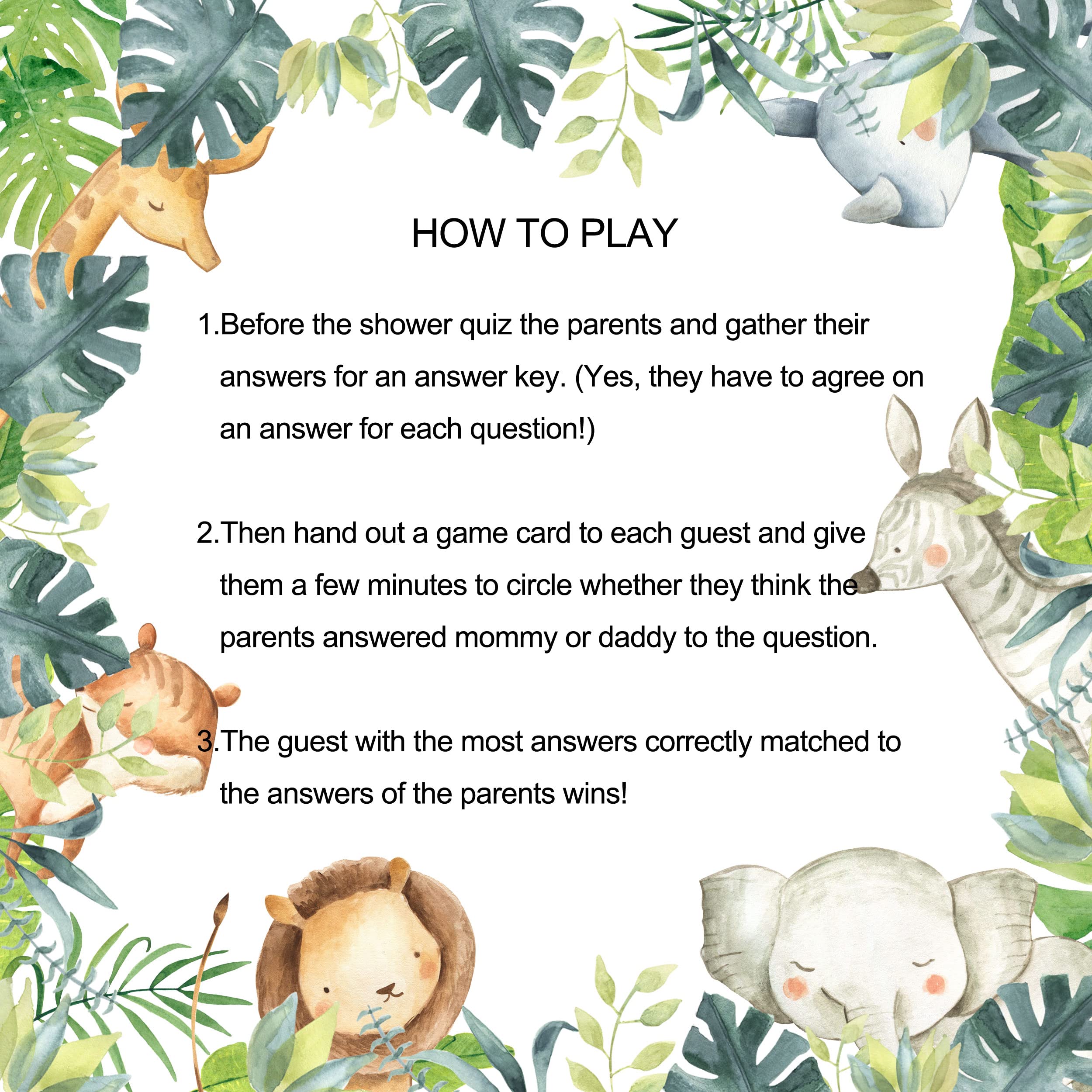 36 Guess Who Mommy Or Daddy Game Safari, Safari Jungle Baby Shower Games Cards, Wild Animal Themed Baby Shower Games Favor Decor