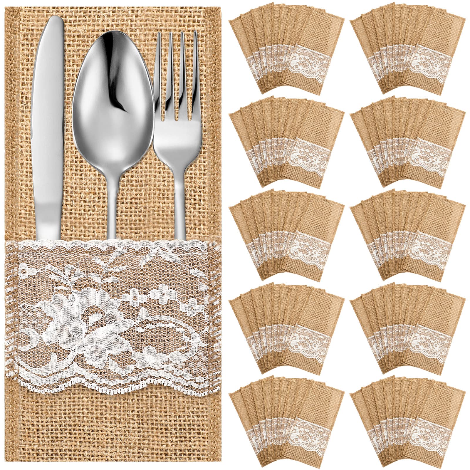 Windyun 100 Pcs 4.1 X 8.9 Inch Wedding Natural Burlap Lace Utensil Holders Pouch Burlap Silverware Cutlery Pouch Tableware Holde