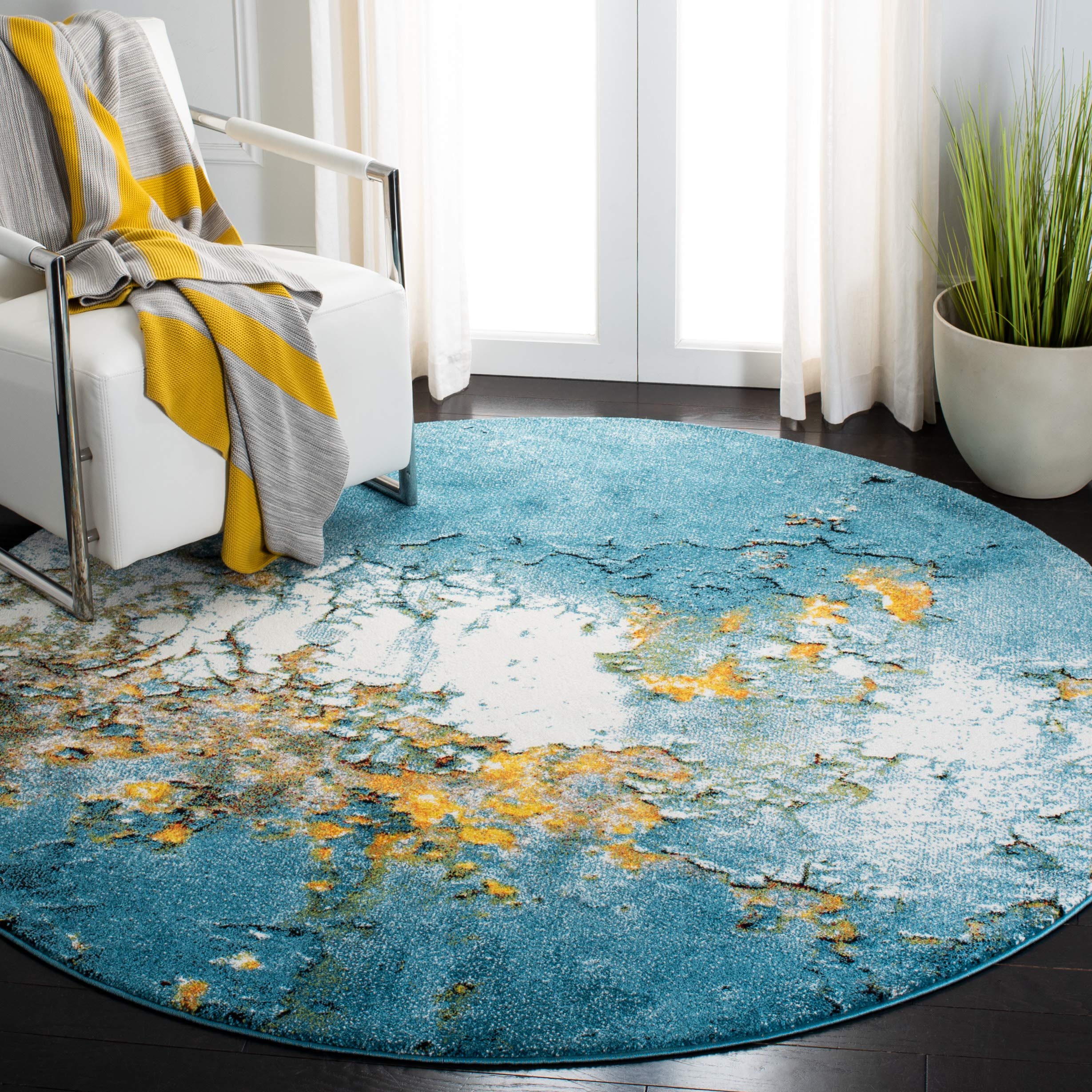 SAFAVIEH Glacier Collection 3 Round Blue/Gold GLA125M Modern Abstract Non-Shedding Living Room Bedroom Area Rug