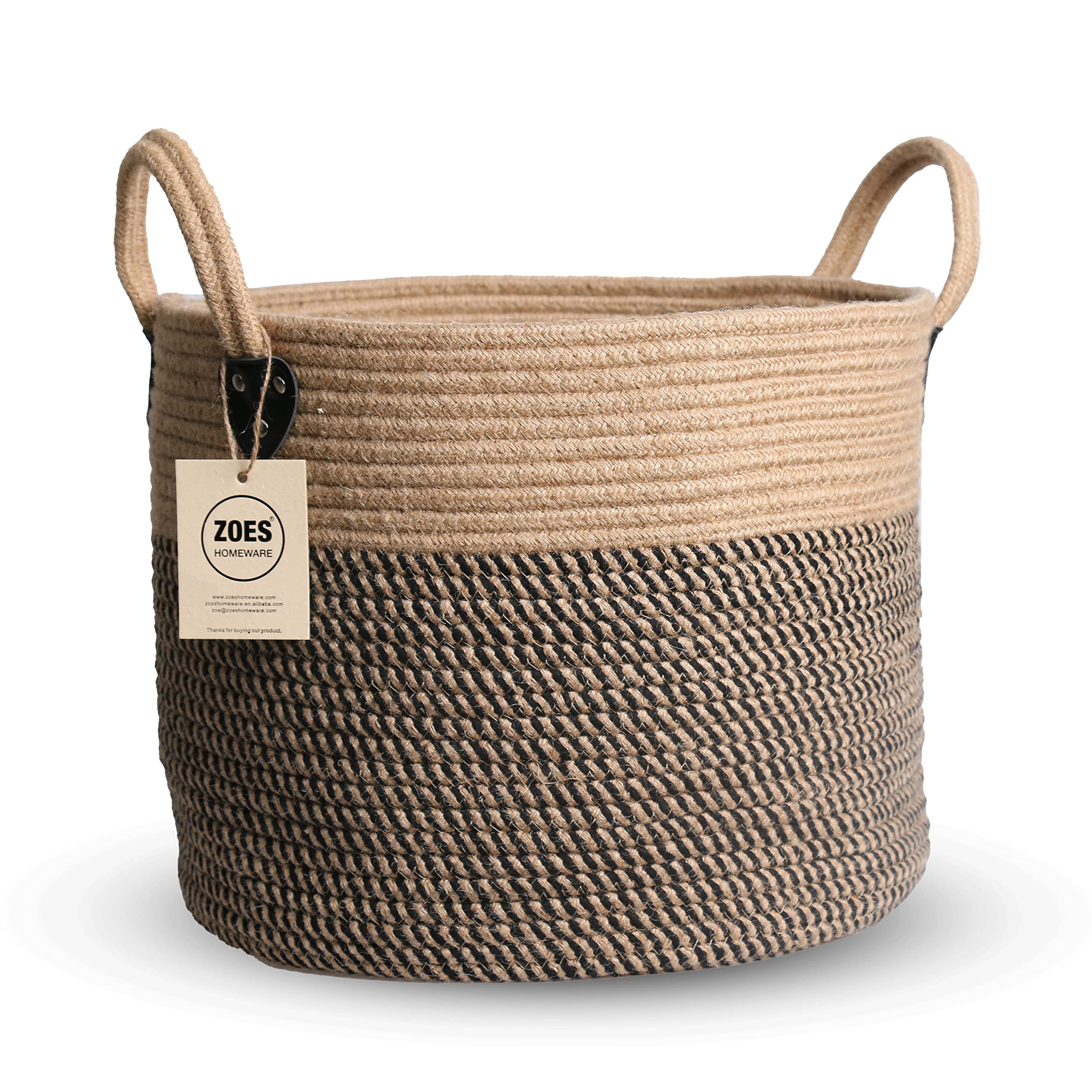Zoes Homeware 14''X12'' Natural Jute Rope Woven Storage Basket With Handles For Plant, Blankets,Toys,Clothes,Shoes - Living Room