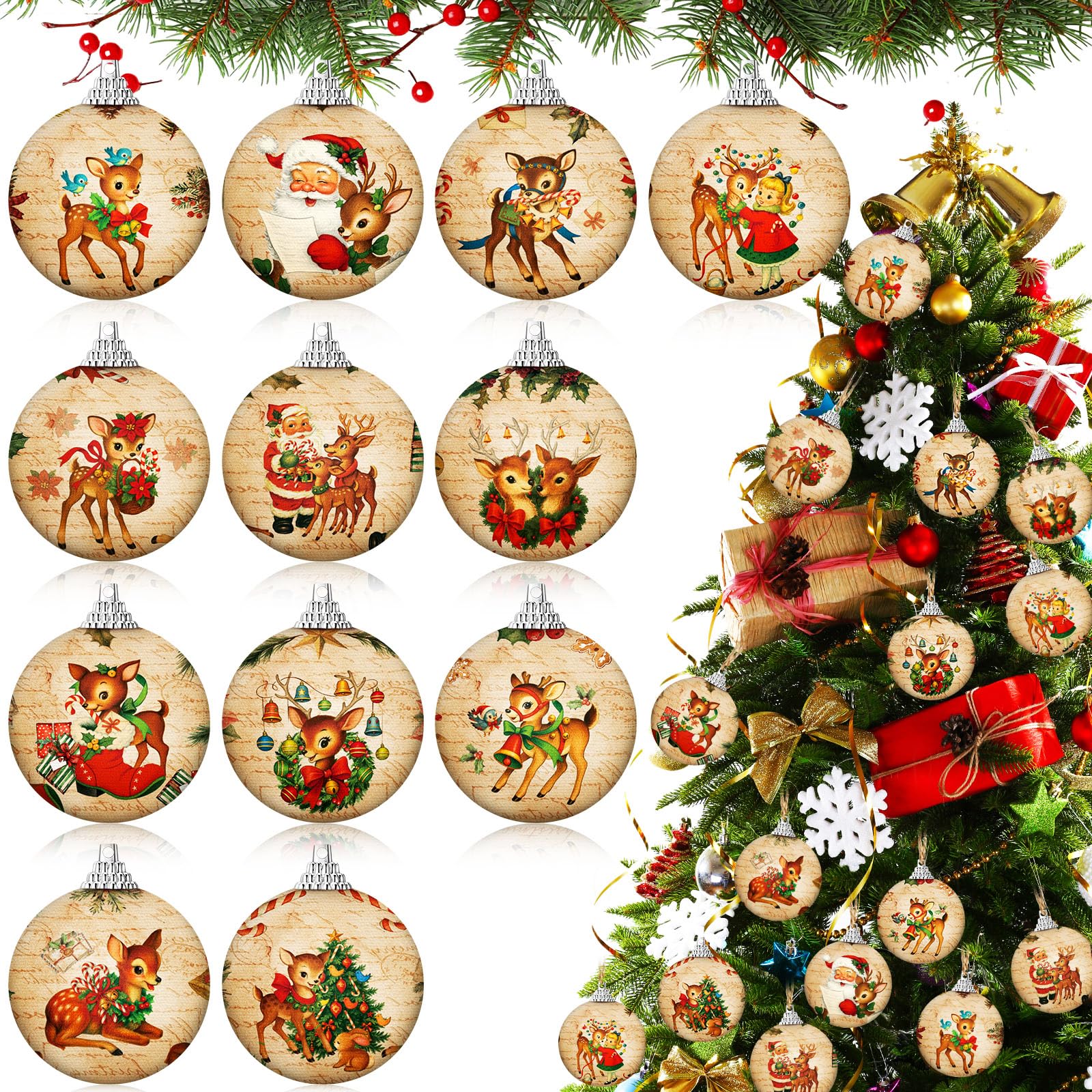 Outus 16 Pcs Christmas Tree Ball Ornaments Vintage Christmas Reindeer Decorations for Tree Colorful Xmas Decorative Hanging Orna