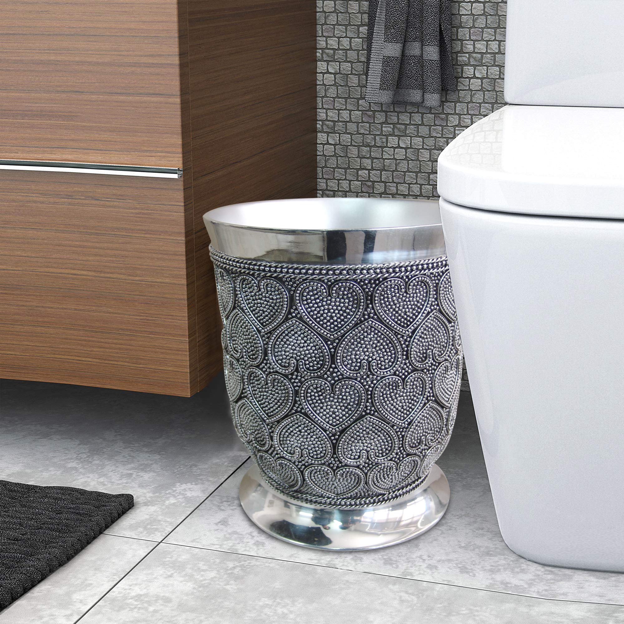 Nu Steel Beaded Heart Resin Decorative Small Trash Can Wastebasket, Garbage Container Bin For Bathrooms, Powder Rooms, Kitchens,