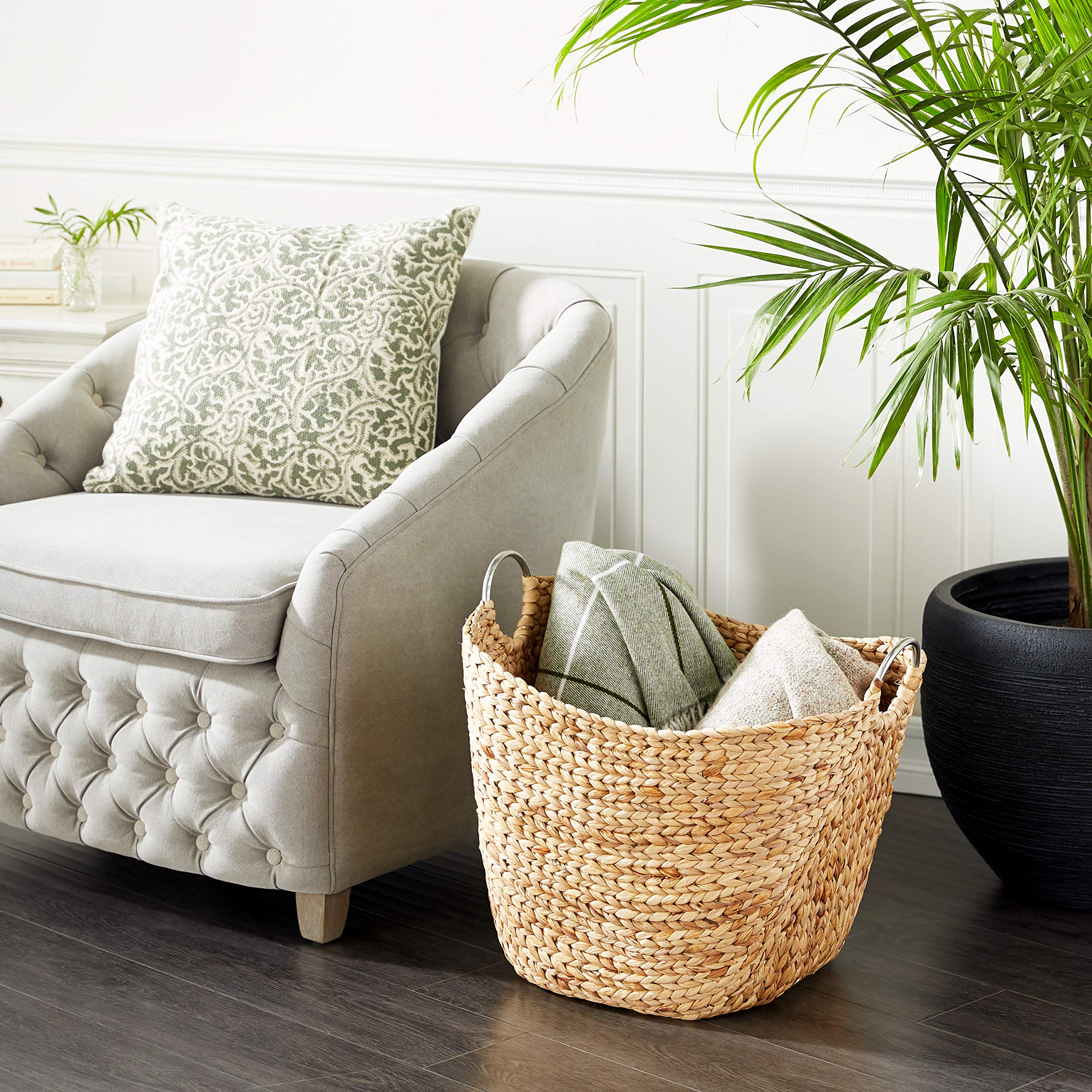 Deco 79 Seagrass Handmade Large Woven Storage Basket with Ring Metal Handles  21'' x 17'' x 19''  Brown