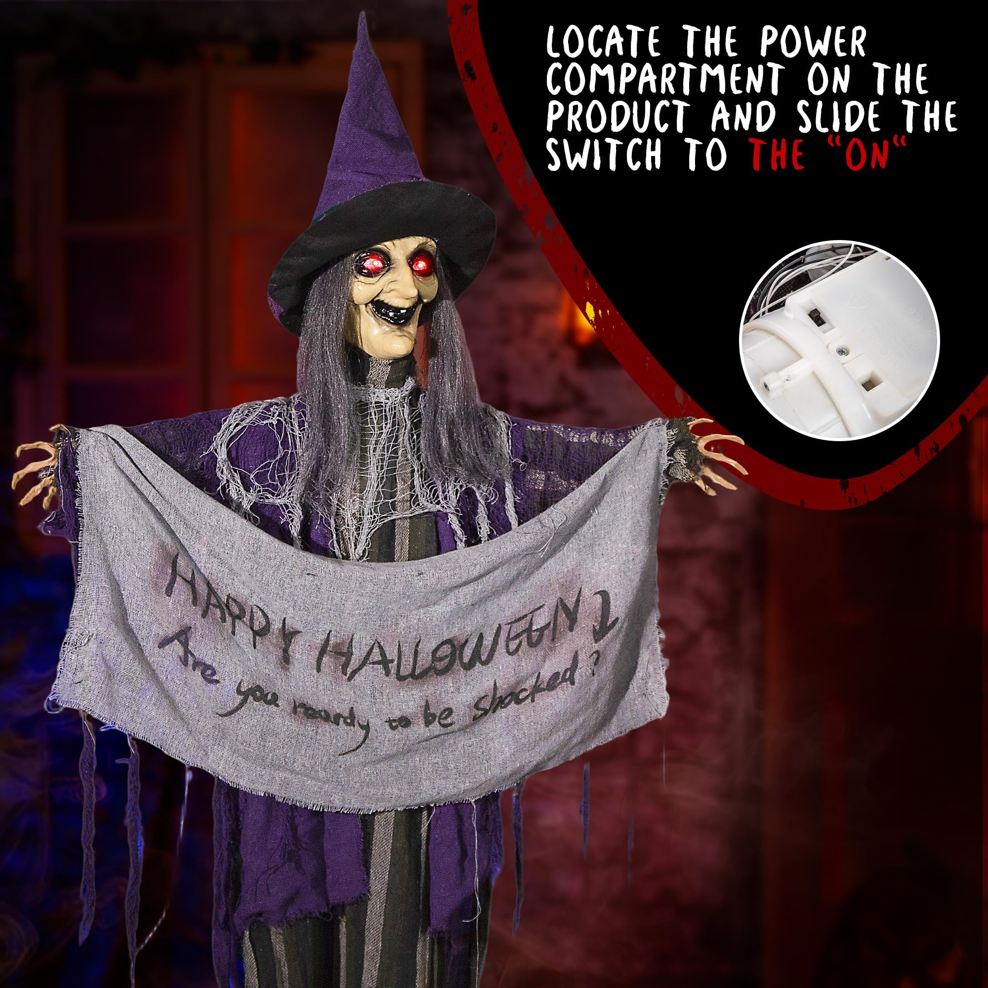 Halloween Animatronics 5ft Hanging Witch, 60inch Floating Animated Witch Decorations with Banner, Sound Activated, Creepy Voice,