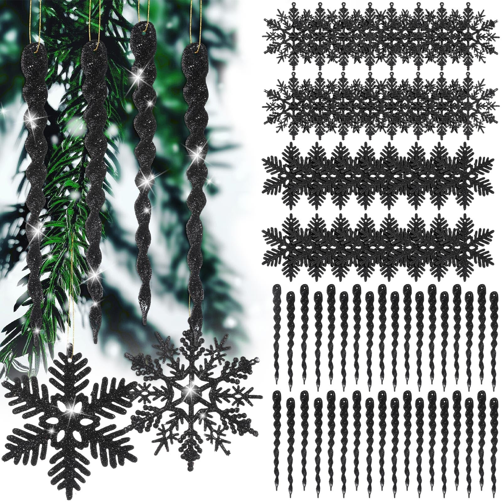 Deekin 72 Pieces Snowflake Icicle Ornaments for Christmas Tree Snowflake Twisted Icicles Glitter Hanging Decorations for Winter 