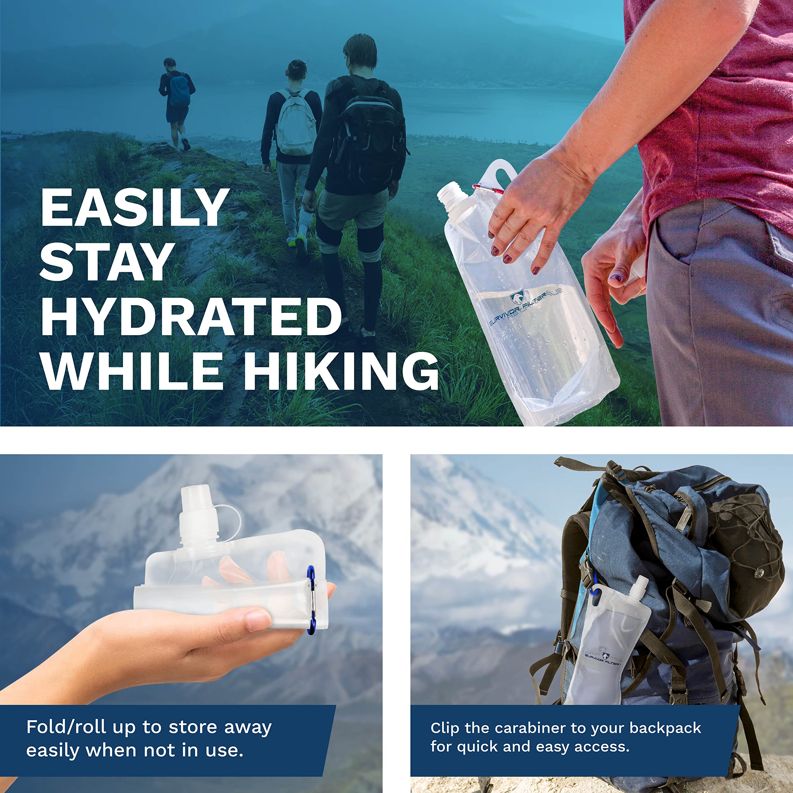 Survivor Filter Clear Collapsible Water Bottle Canteens - Travel Water Bottle - Includes Carabiners - Use with Our Straw Filter or as Foldable Water Bottles - BPA Free - White - 2 x 32oz / 1 Liter