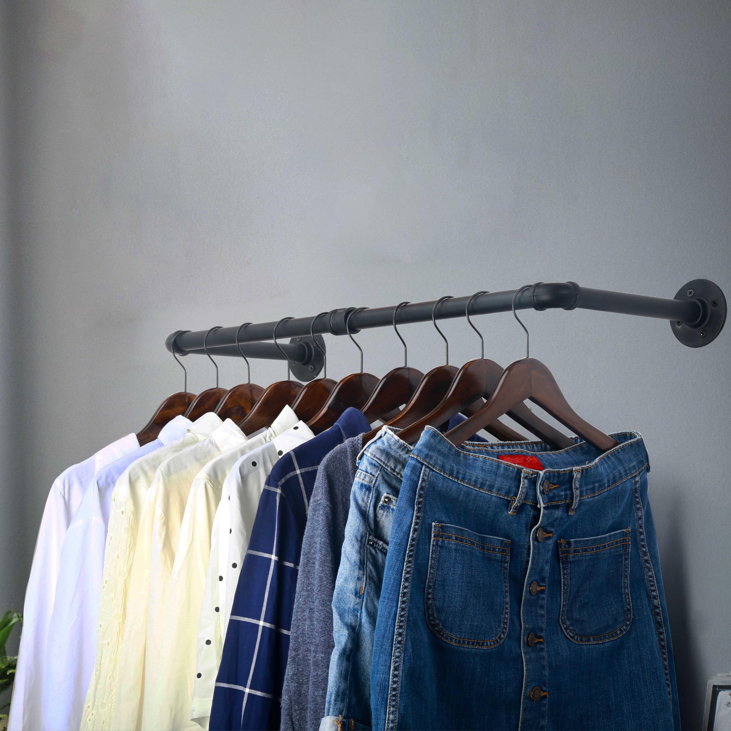 WEBI Clothing Rack Wall Mount 24'' Industrial Pipe Clothes Rack for Hanging Clothes Heavy Duty Iron Garment Rack Bar Retail Display Clothes Rod for Closet Laundry Room Black