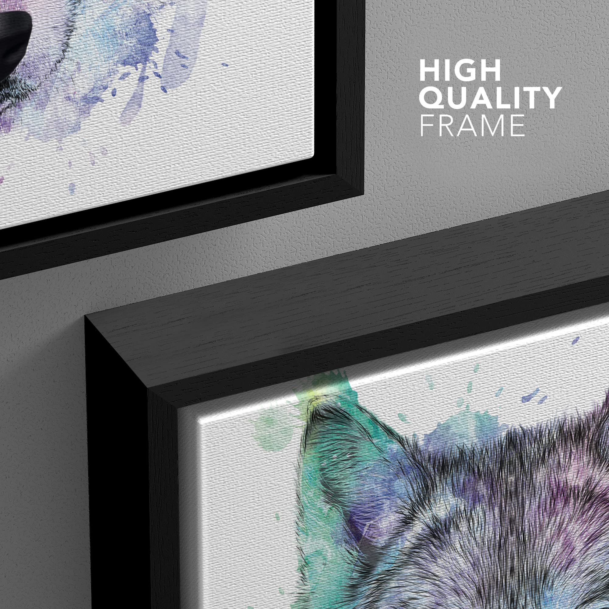 Wall26 - Fun And Colorful Splattered Watercolor Wolf - Framed Canvas Art Home Art - 24''X24'' Black