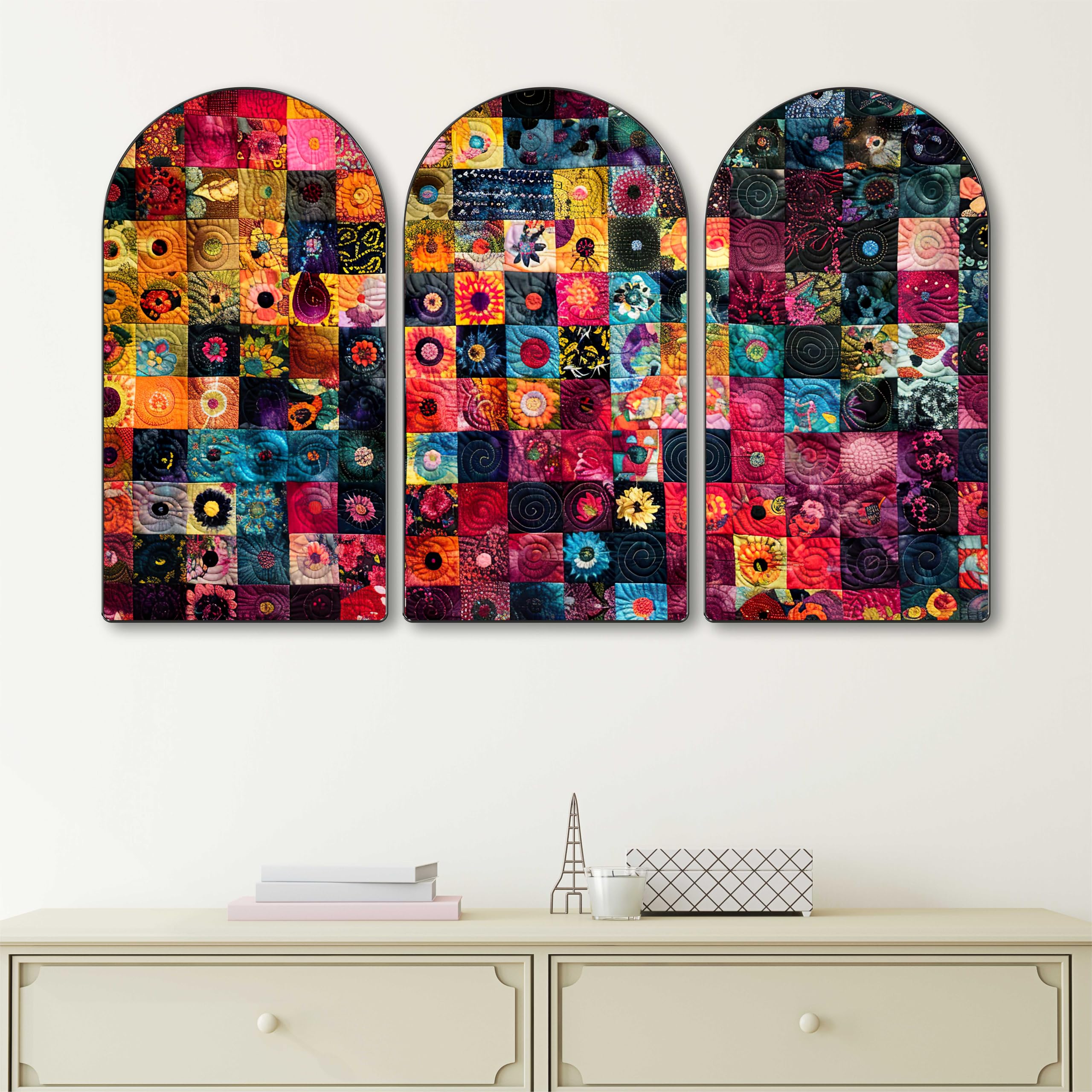 LivinLuxe Abstract Patchwork Wall Art | Set Of 3 Mdf Panel Paintings | Colorful Floral Mosaic Theme Decorative Wall Hanging For