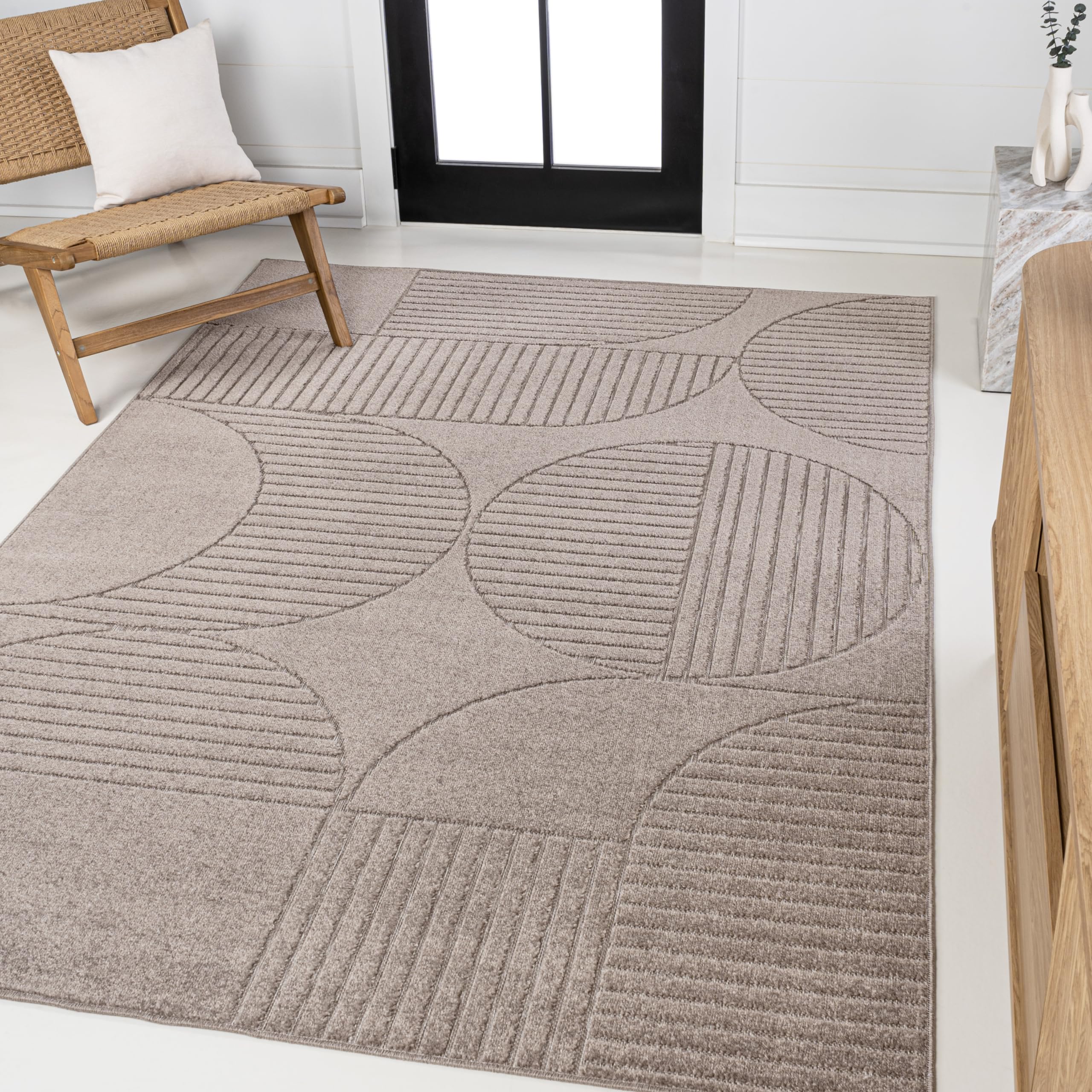 JONATHAN Y SCN104D-4 Nordby High-Low Geometric Arch Scandi Striped Taupe/Beige 4 ft. x 6 ft. Indoor/Outdoor Area Rug for Patio, 