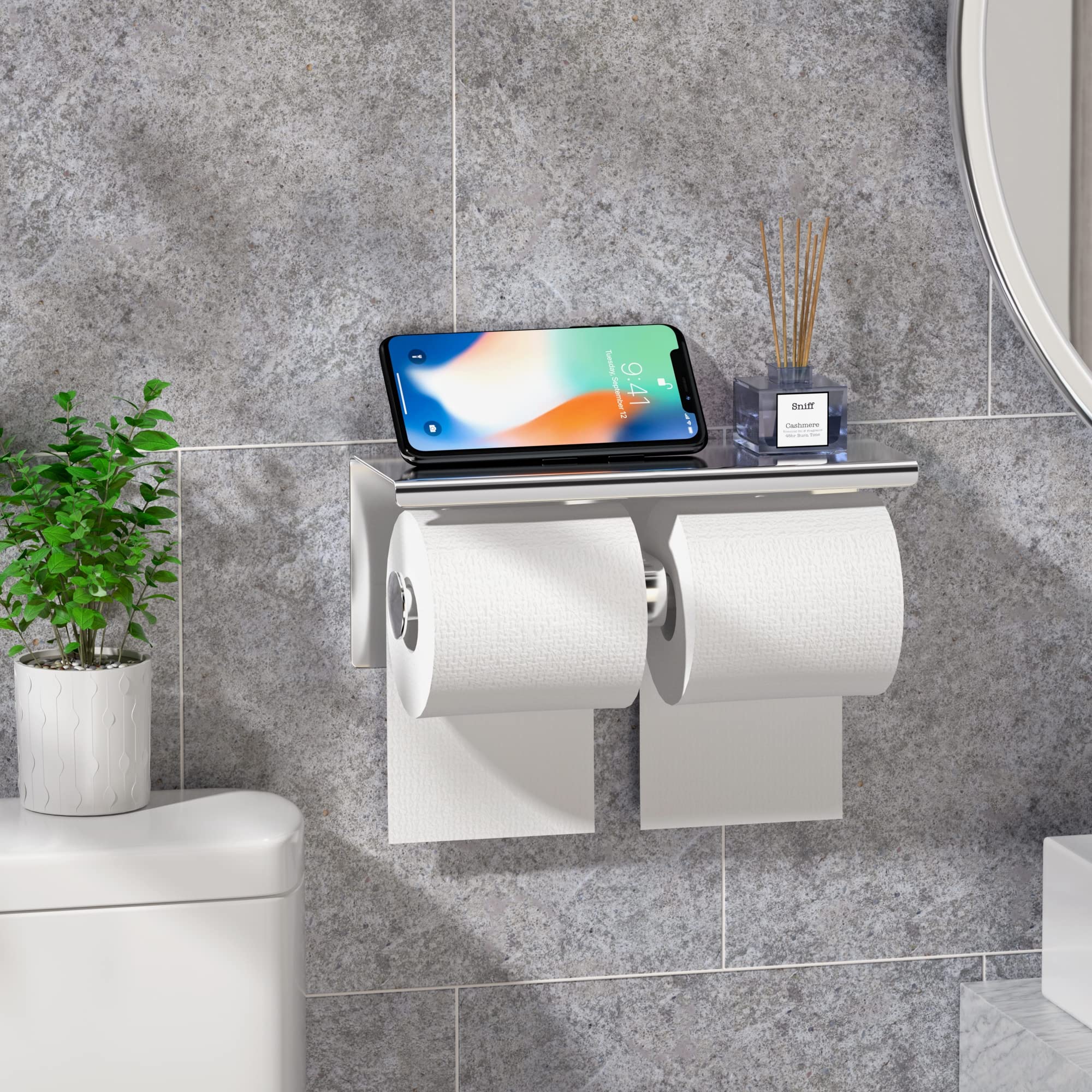 YEAVS Double Toilet Paper Holder-SUS 304 Stainless Steel Tissue Roll Rack with Phone Storage Shelf (Polished Chrome)