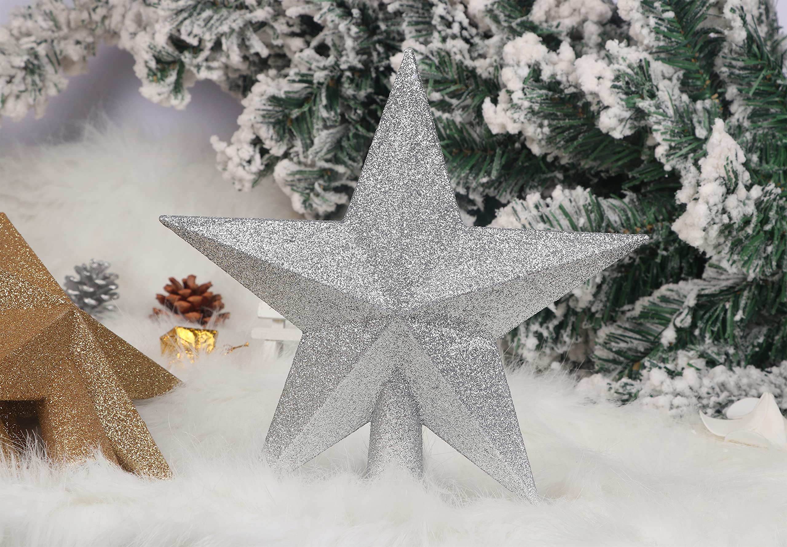 YYCRAFT Glitter Star Tree Topper 8 Inch Christmas Decoration-Silver