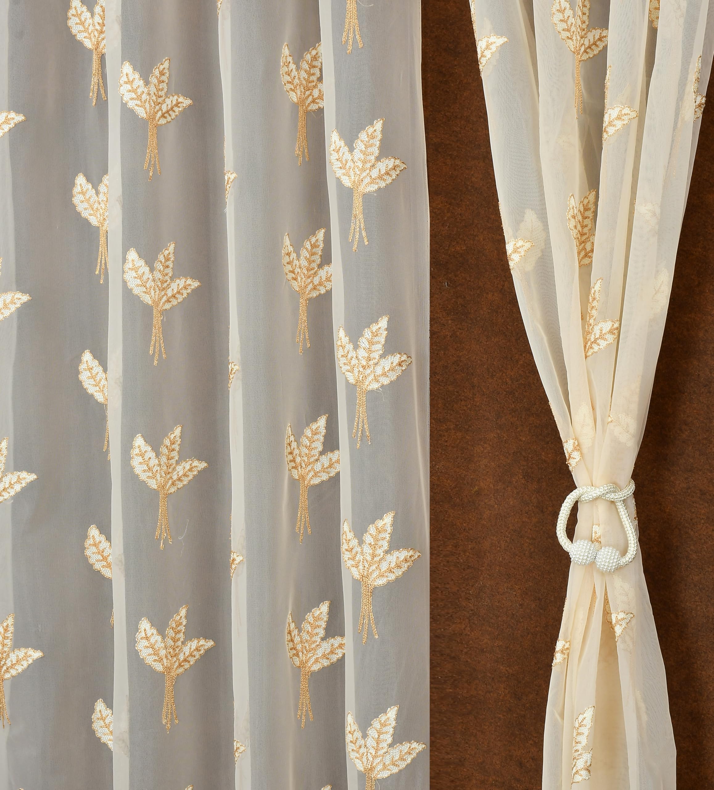 Fabrilia Tissue Net Embroidery Sheer Transparent Curtains For Door 7 Feet Long Set Of 2, Cream