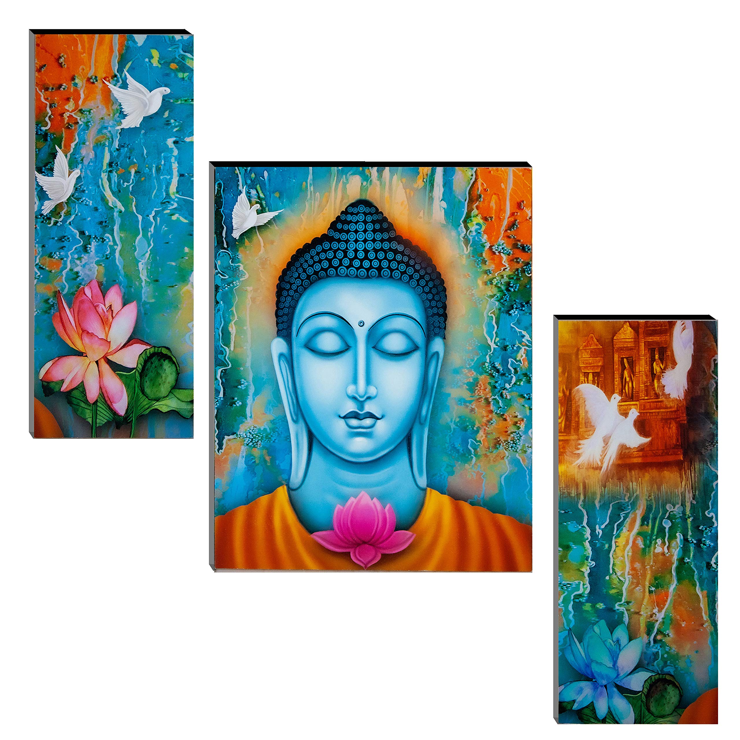 Indianara Set Of 3 Gautam Buddha Mdf Art Painting (3488 Fla) Without Glass 4.5 X 12, 9 X 12, 4.5 X 12 Inch