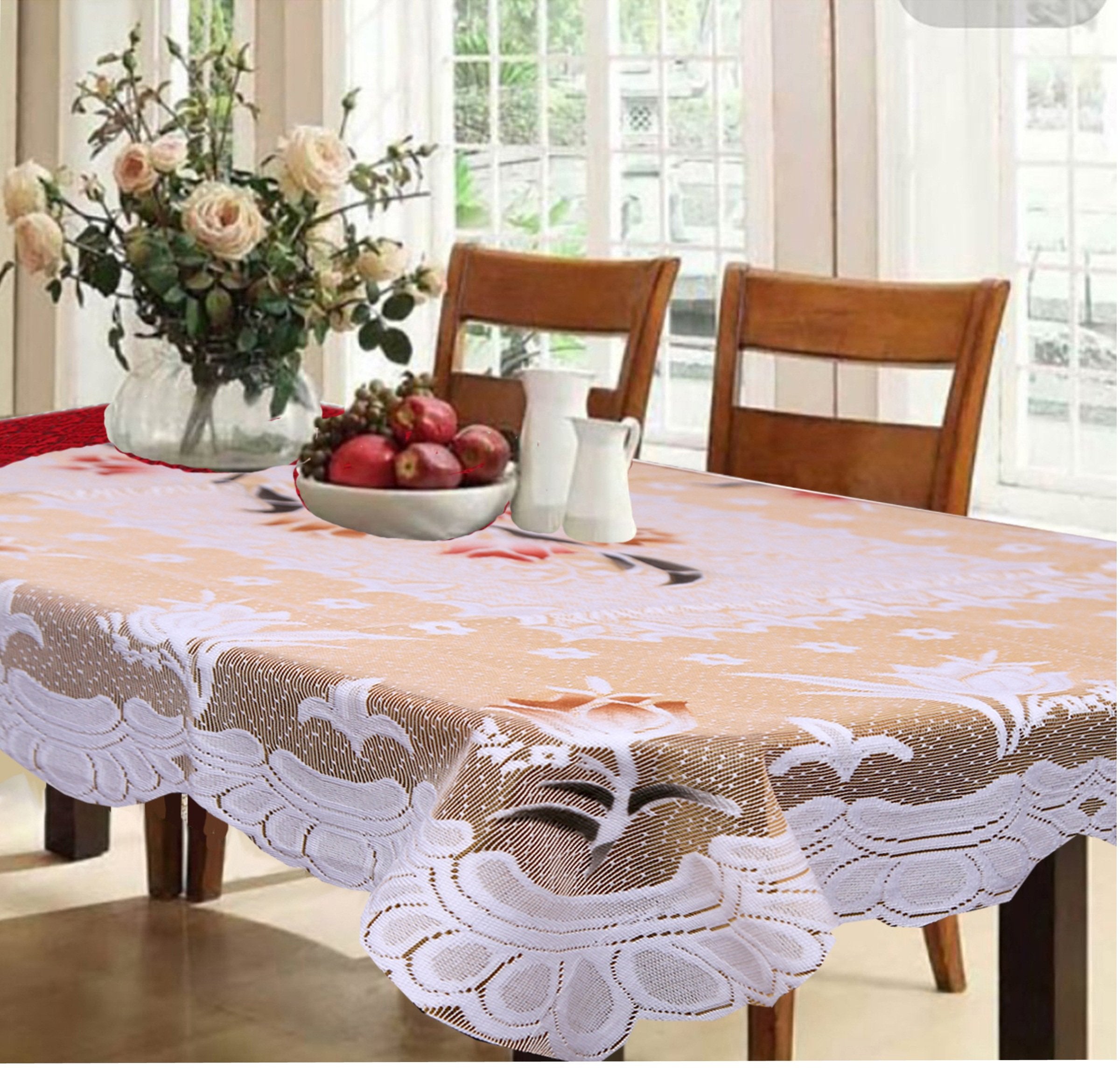 Kuber Industries Dining Table Cover Cream Cloth Net For 6 Seater 6090 Inches (Exclusive Floral Design)