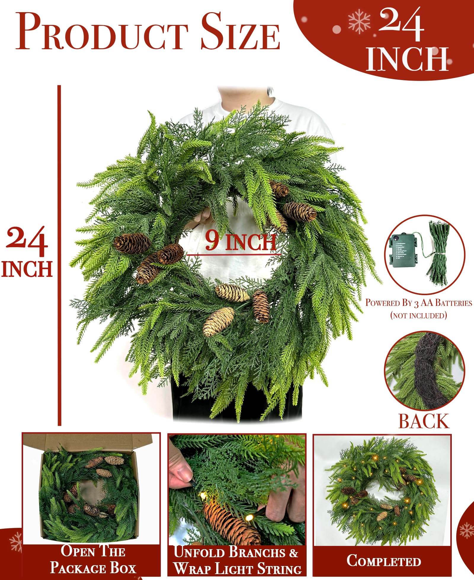 26 Inch Large Foldable Fall Wreath for Front Door with Lights Timer, Autumn Maple Leaf Pumpkin Wreaths & 88 Silk Maple Leaves 22