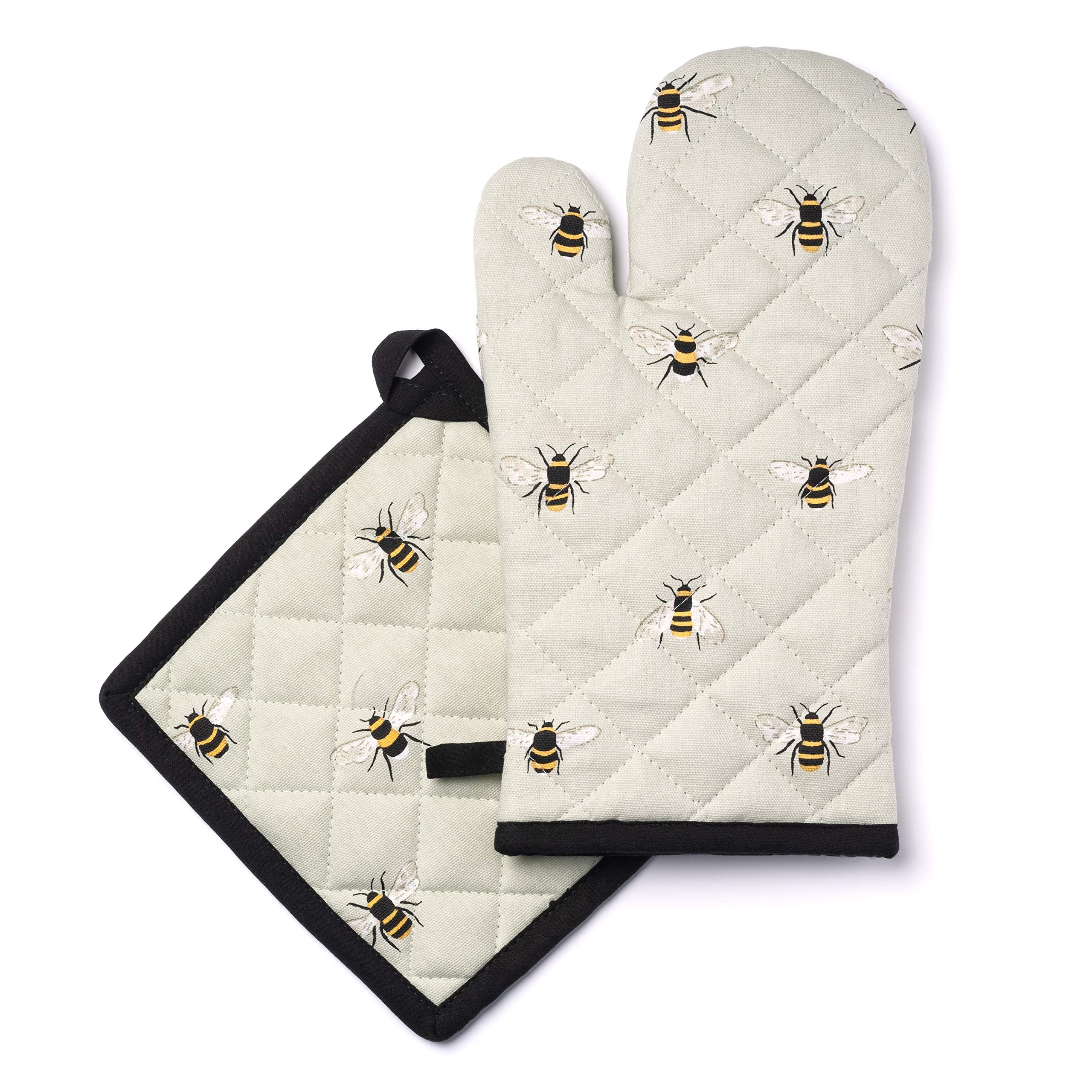 Globetrotting Merchant Oven Mitt And Pot Holder Set, 100% Quilted Cotton, Heat Resistant Hot Pads, Grey With Bumblebee Print, Ki