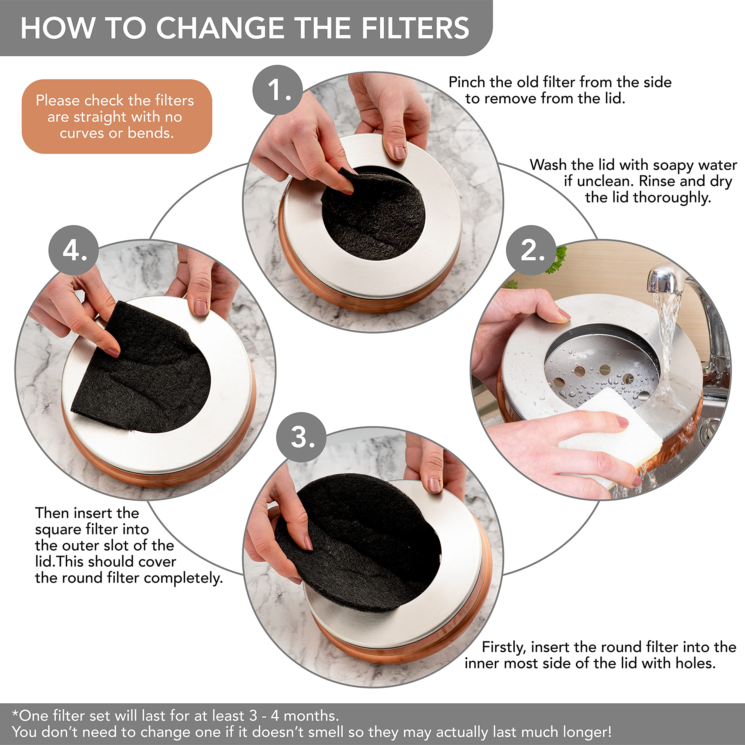 RED FACTOR Premium Compost Bin for Kitchen Countertop - Stainless Steel Food Waste Bucket with Innovative Dual Filter Technology - Includes Spare Filters (Matt Copper  1.3 Gallon)