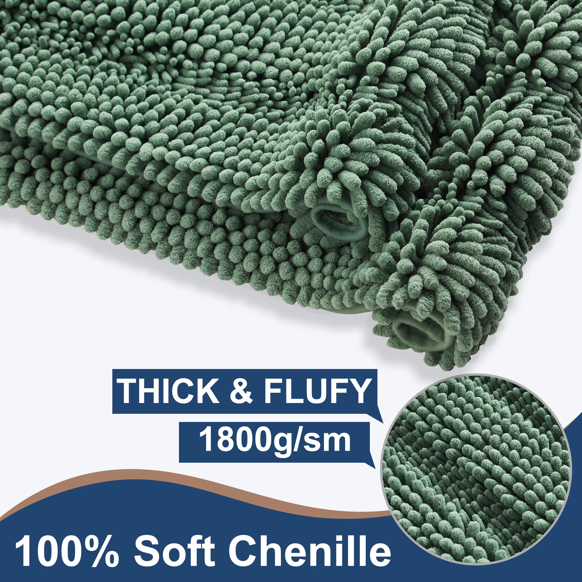 Non Slip Thick Shaggy Chenille Sage Green Bathroom Rug Sets 2 Piece, Thickened Hot Melt Rubber Bottom Bath Mats For Bathroom, Ba
