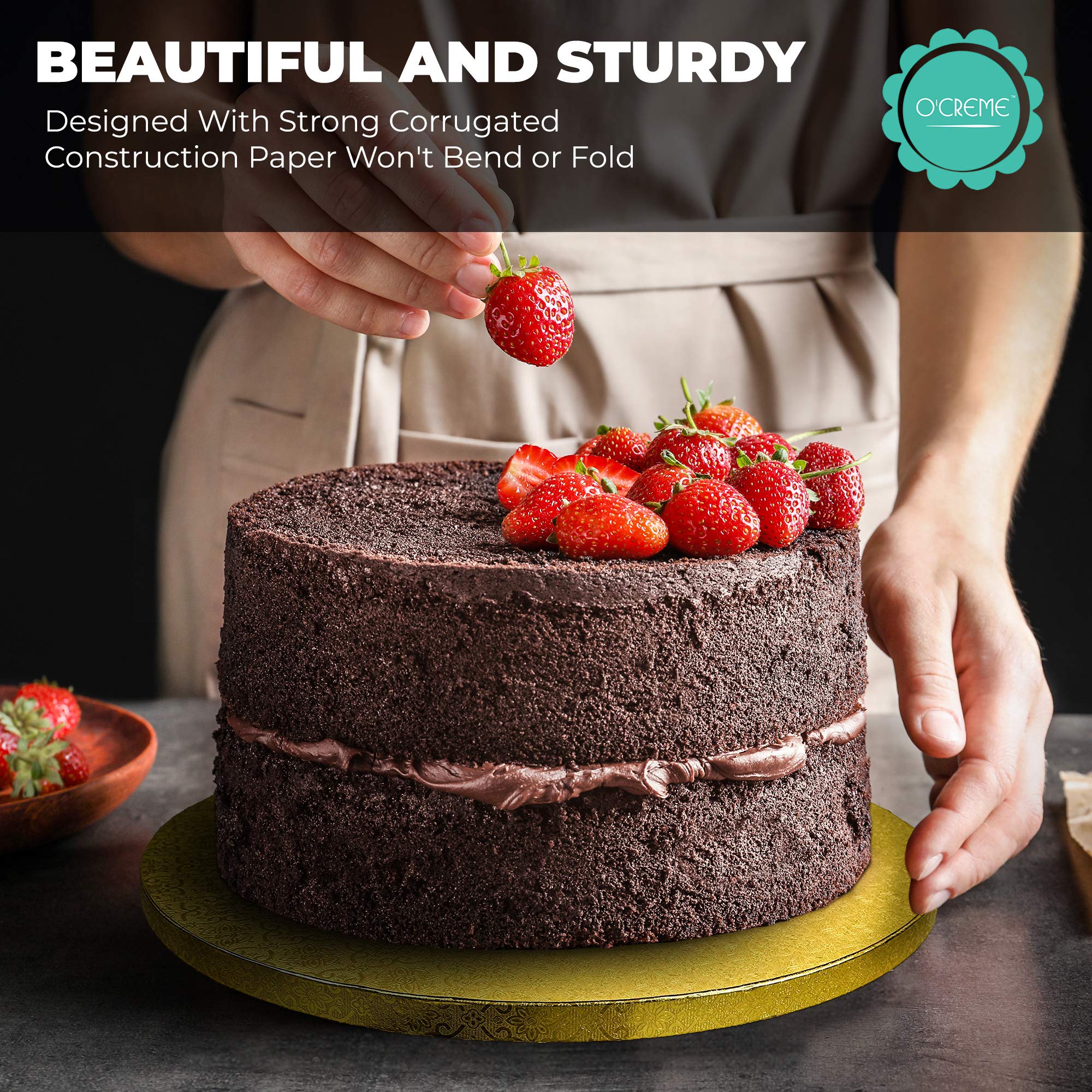 Ocreme Cake Board, Gold Foil Round Cake Circles With Gorgeous Design, Sturdy & Durable 1/2    Thick Cake Drums, Round Cake Board