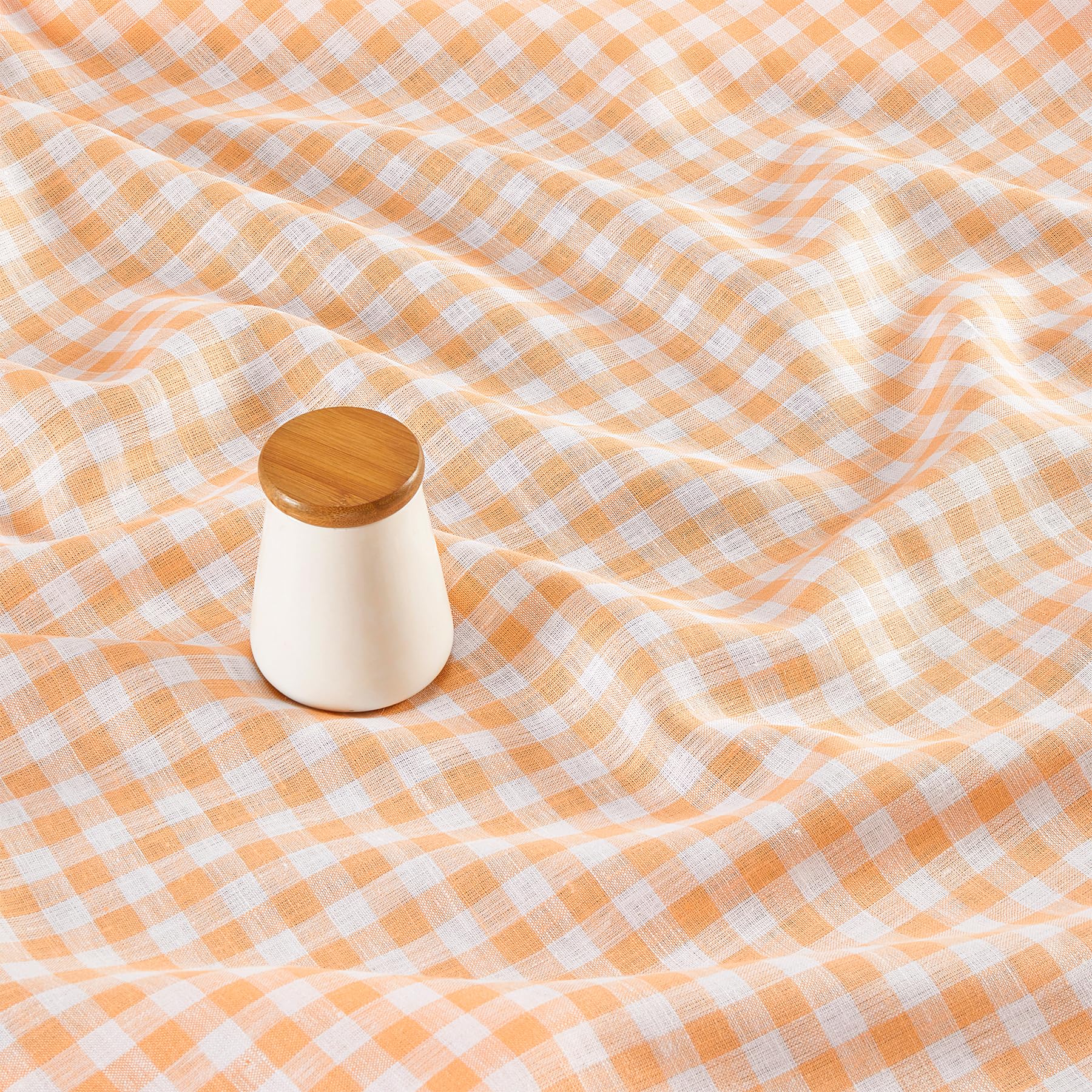 Solino Home Check Linen Square Tablecloth 52 X 52 Inch - 100% Pure Linen Sunny Orange Plaid Table Throw - Gingham Check, Machine