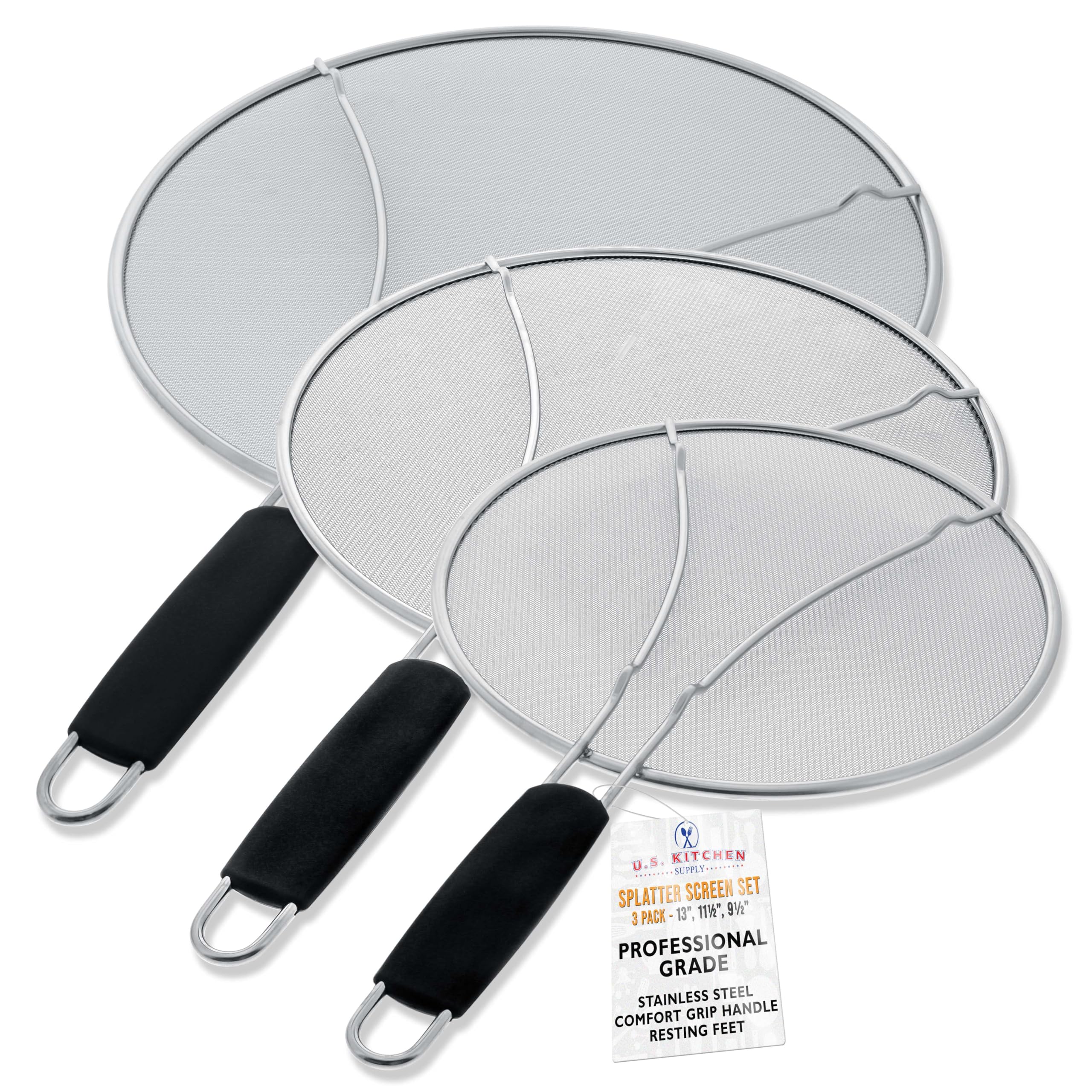 U.S. Kitchen Supply 13'', 11.5'', 9.5'' Stainless Steel Fine Mesh Splatter Screen With Resting Feet Set, Black Comfort Grip Hand