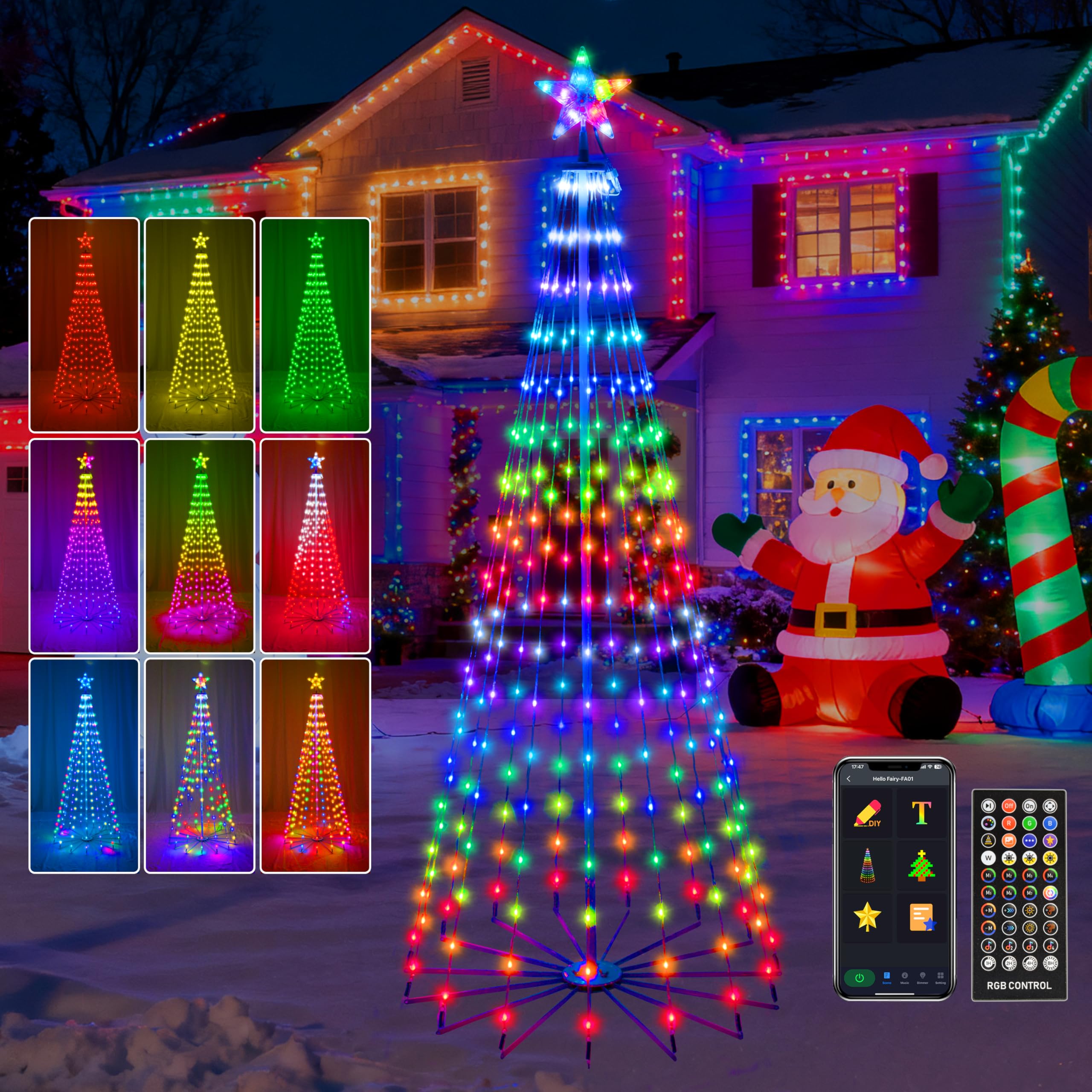 Holaurora 10FT Lighted Outdoor Christmas Tree, 514 LED Smart Cone Tree, Music Sync RGB Fairy Lights, LED Light Show, APP and Rem