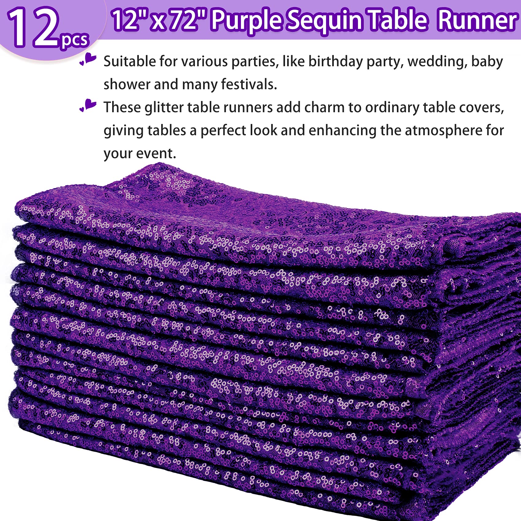 12 Packs 12 X 72 Inch Purple Sequin Table Runner Glitter Dining Table Runner For Birthday Wedding Engagement Bridal Baby Shower