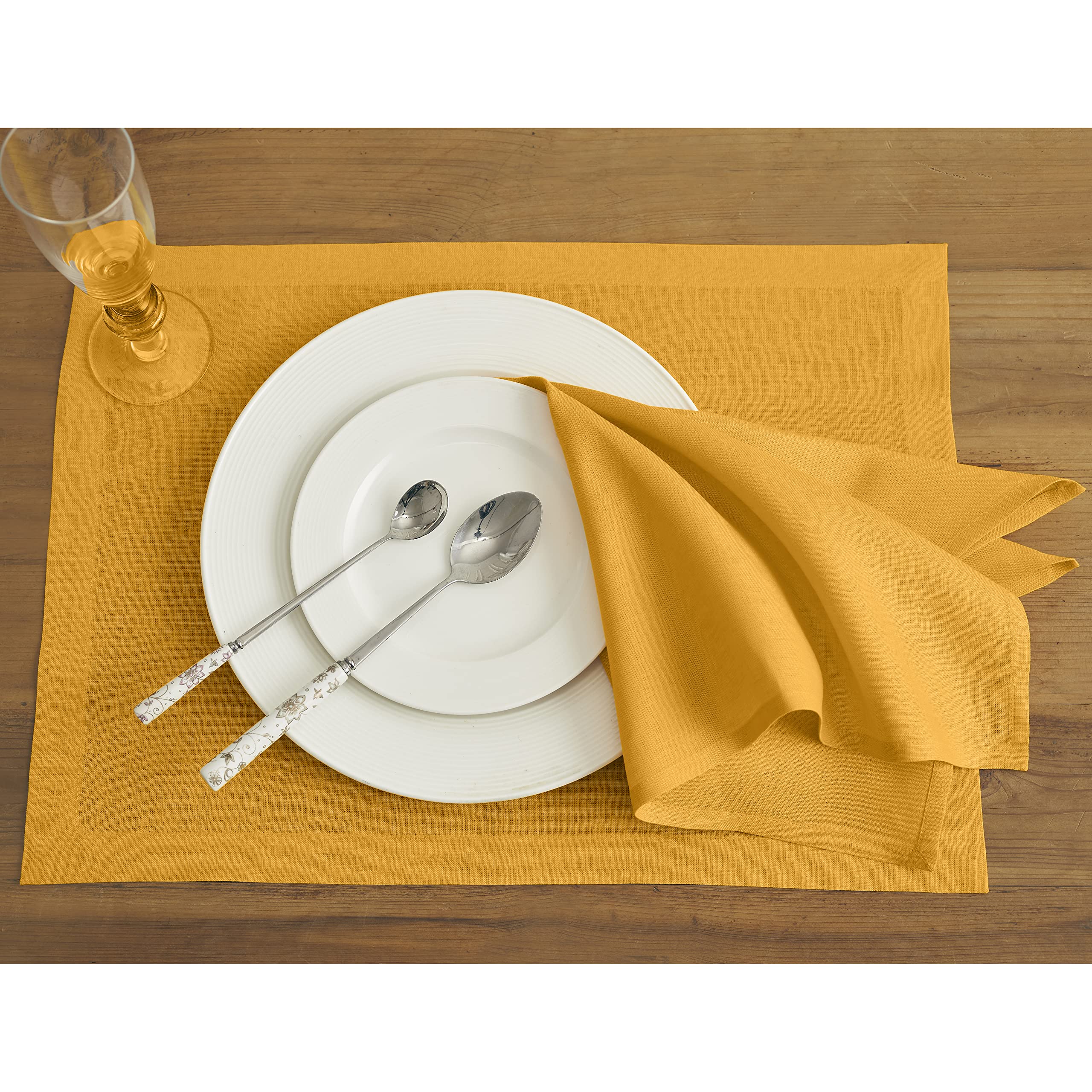 Solino Home Linen Placemats 19'' L X 14'' W Inch - 100% Pure Linen Tangerine Yellow Cloth Placemats Set Of 4 - Fete, Washable Fa
