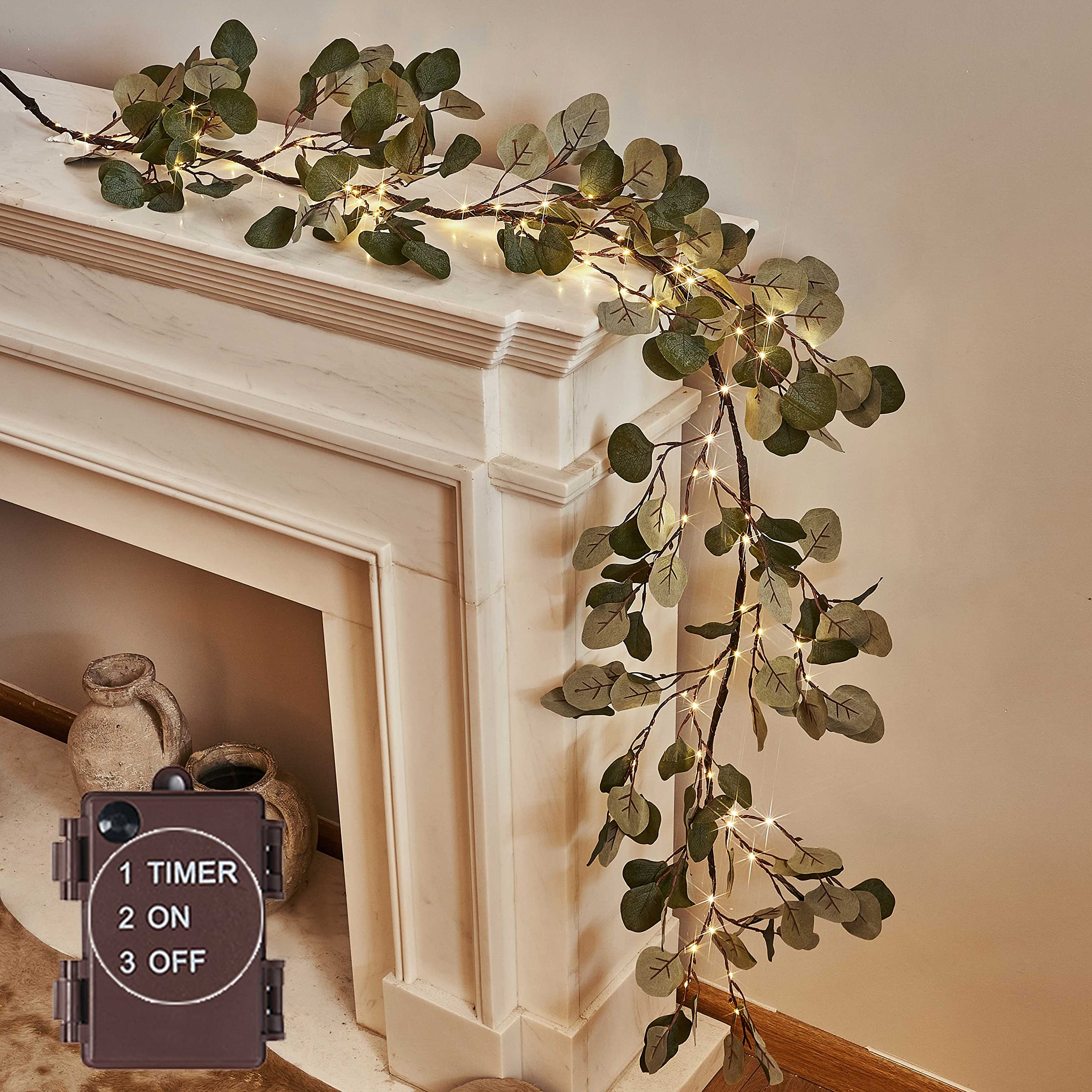 LITBLOOM Lighted Eucalyptus Garland Battery Operated with Timer 6FT 96 LED Artificial Greenery Twig Vine Lights for Room Stairs 