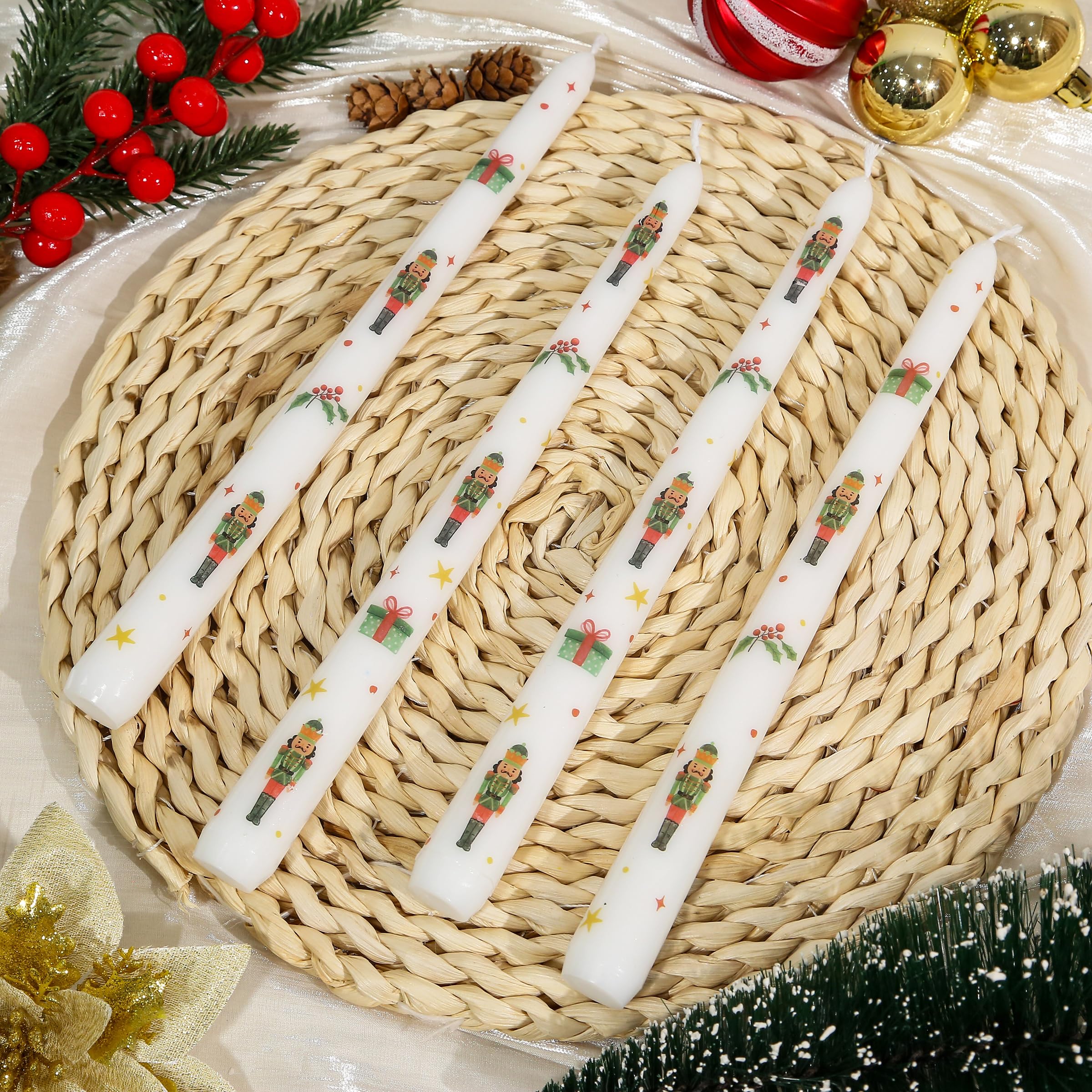 2 Pack Christmas Taper Candles, 10 Inch Unscented Candlesticks with Nutcracker Pattern for Holiday Table Centerpiece, Fireplace