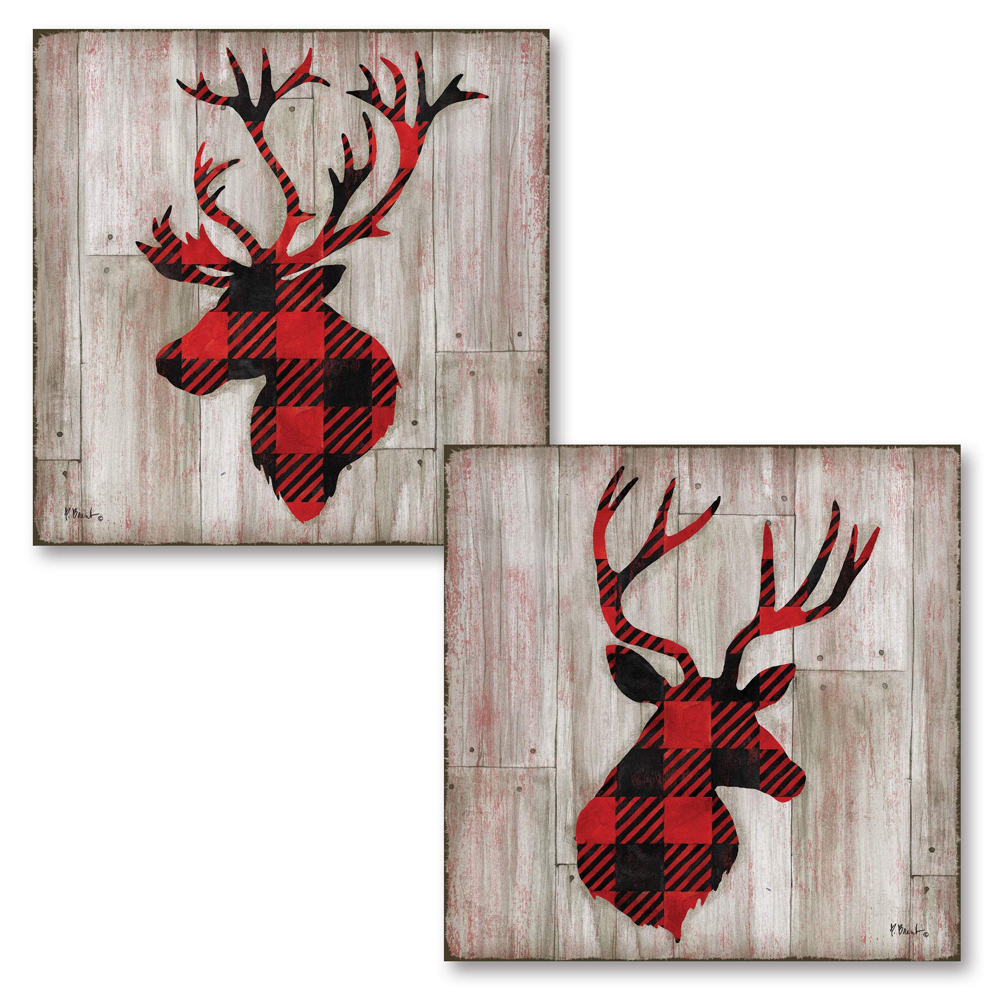 Gango Home D  Cor Beautiful Contemporary Red And Black Flannel Pattern Deer And Buck Silhouettes; Lodge Decor; Two 12X12In Paper