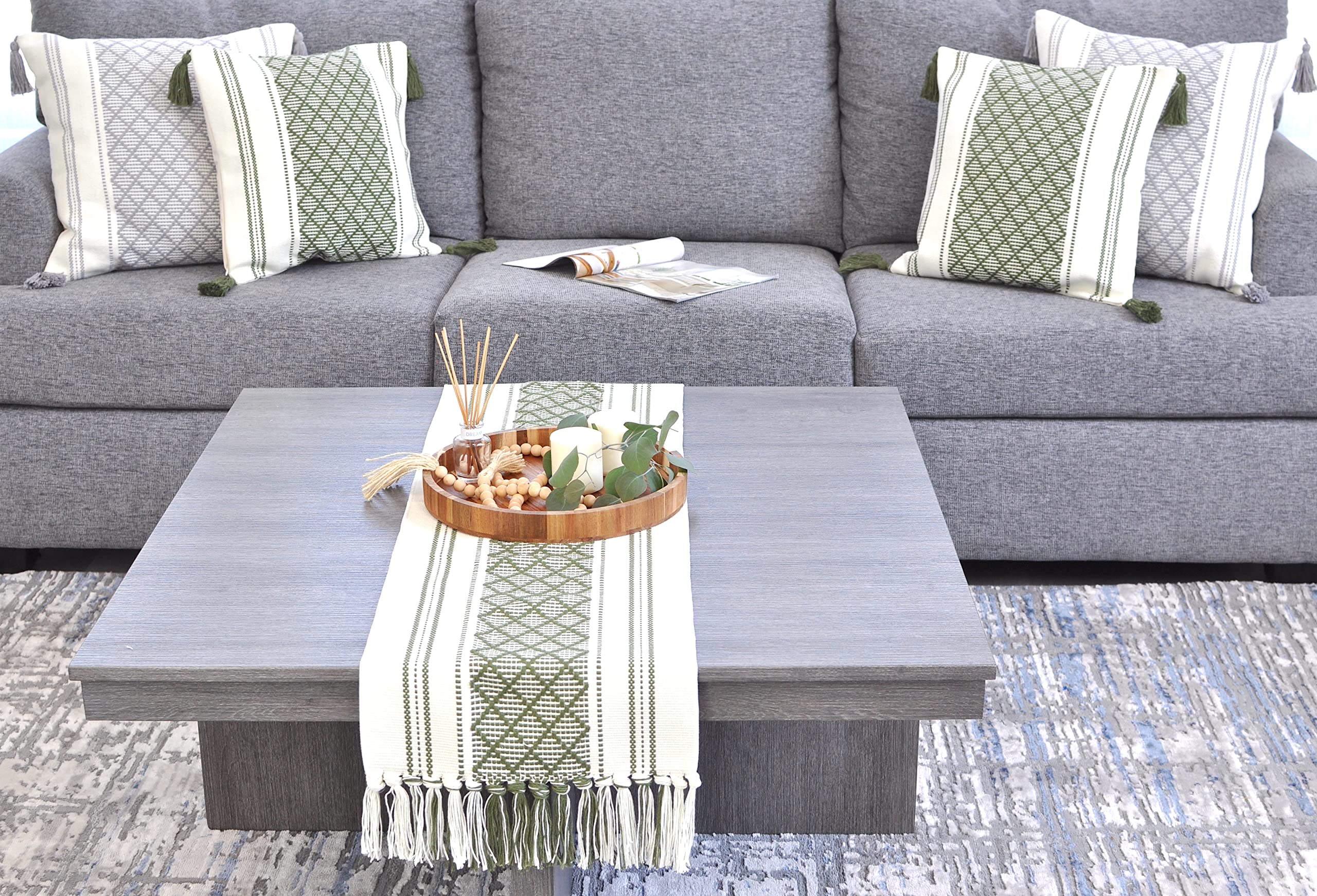 Oveesha Boho Dining Table Runner With Fringes 14 X 72 Inches, Olive Green & Cream / Woven Washable Dresser Scarf For Bedroom, Fa