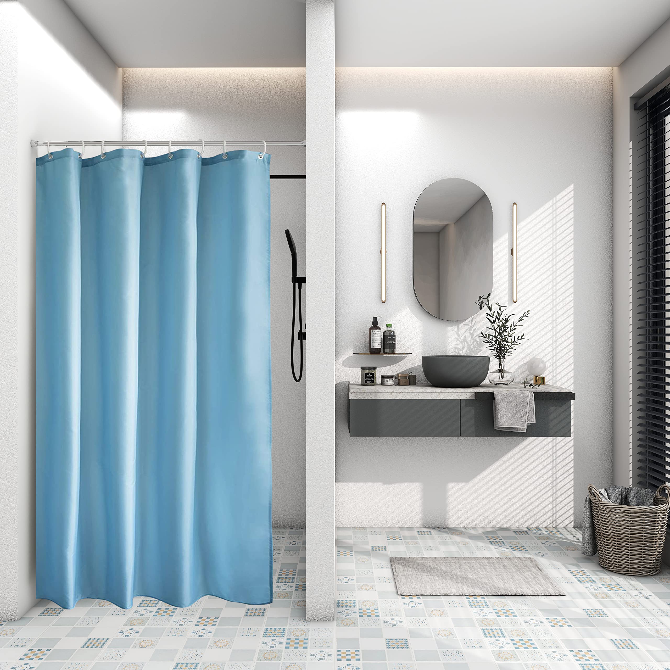 Aoohome Stall Size 48X72 Inch Shower Liner, Fabric Solid Color Bathroom Curtain With Hooks, Weighted Hem, Waterproof, Blue