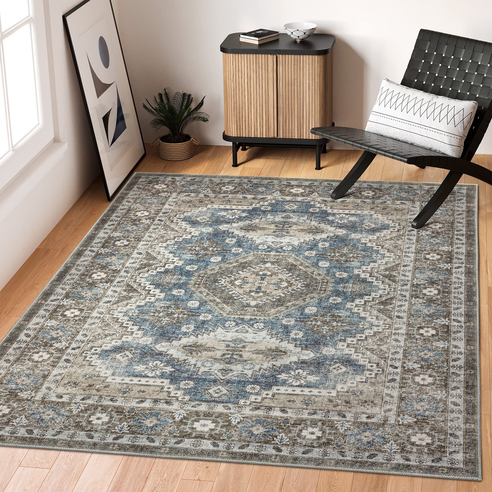 Rugland 4x6 Rug - Stain Resistant Washable Rug, Anti Slip Backing Rugs for Living Room, Vintage Tribal Area Rugs (TPR07-Green, 4