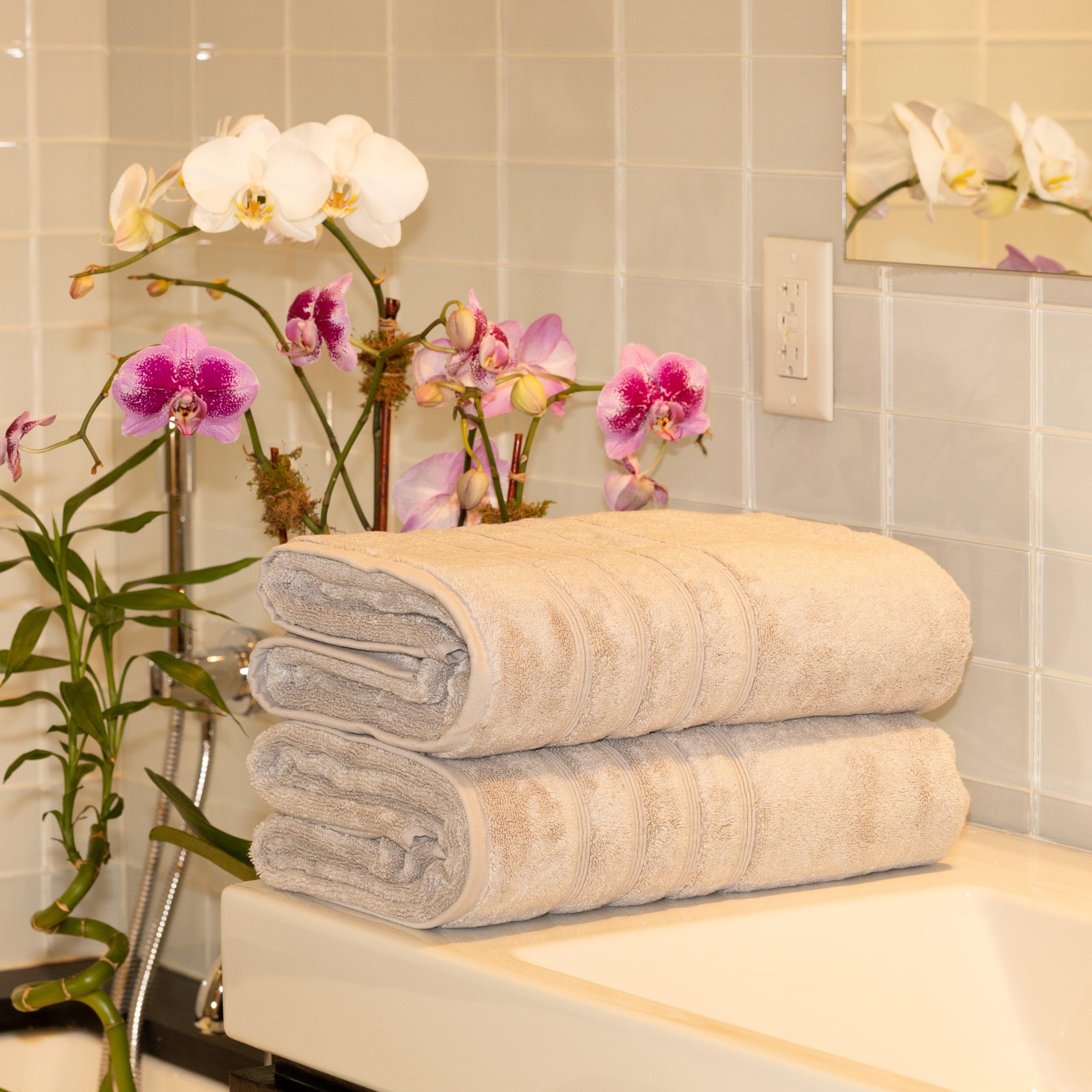 Mosobam Luxury Turkish 3Pc Mixed Bath Bundle 2 Sizes For Body Towels And 1 Xl Bath Mat Light Grey (Gray) 700 Gsm & 1000 Gsm Bamb