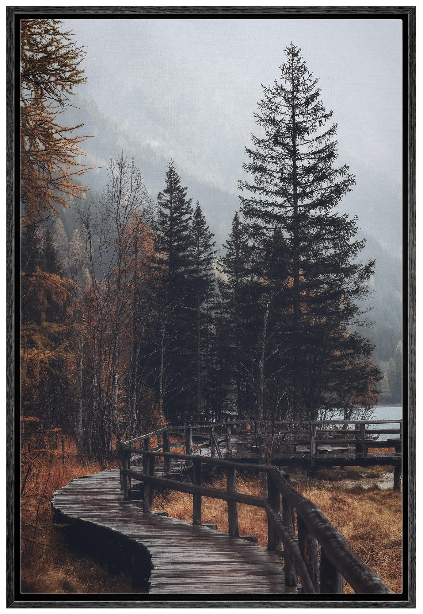Signwin Framed Canvas Wall Art Autumn Dramatic Forest Landscape Living Room Orange Photography Rustic - 16''X24'' Black
